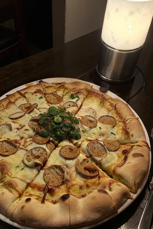 uma suculenta pizza em cima de uma mesa de madeira em um restaurante de luz baixa e lareira de fundo