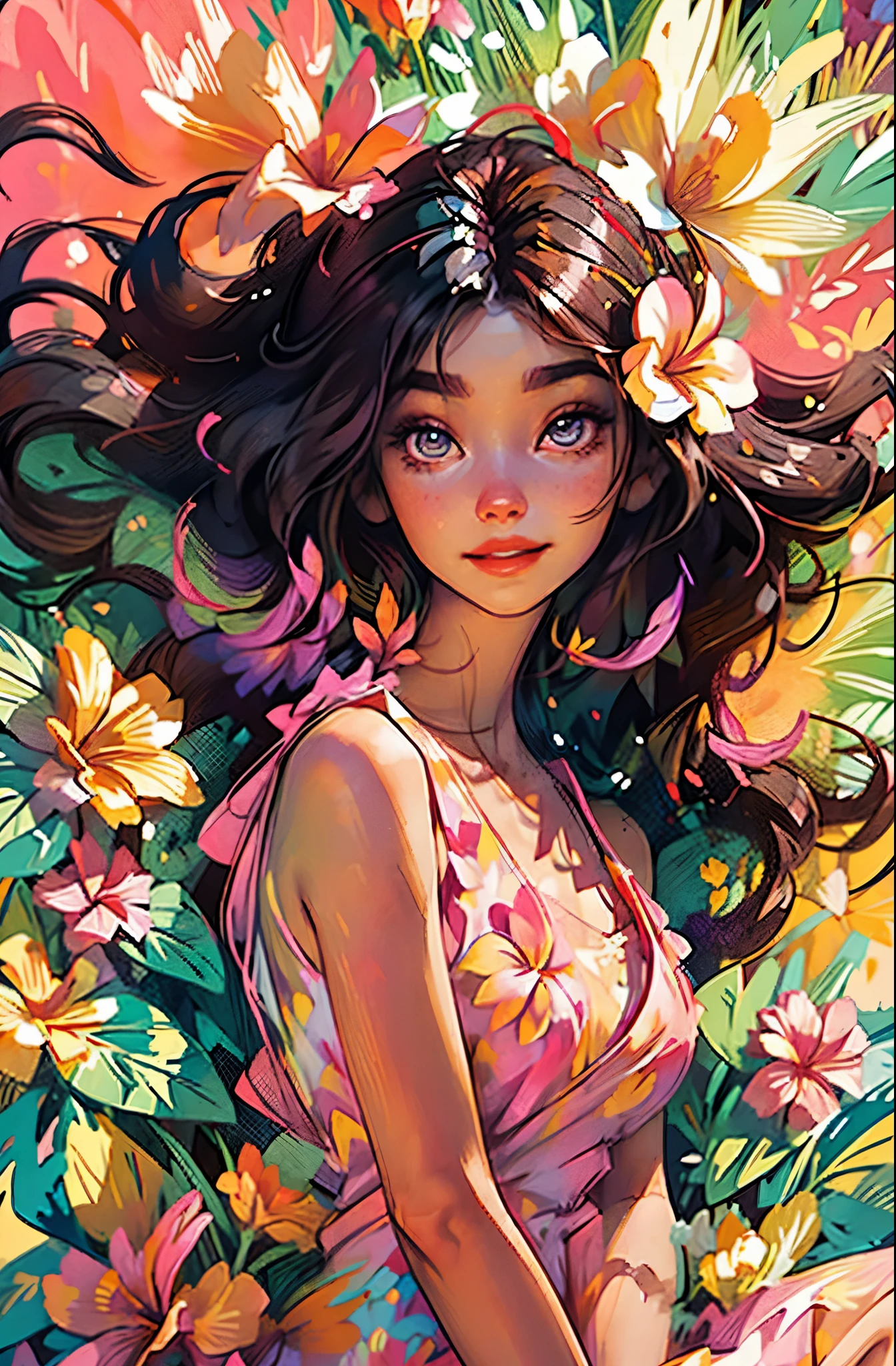 1girl, solo, flower, dress, dark colorful hair, big smile, vibrant colors, plumeria flowers, lying, white silk dress, pink yellow plumeria, on back, lips, makeup, sleeveless, floral print, super detail face eyes lips 