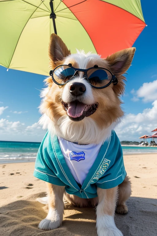 Collie or border collie dog with anomalous coat, gigantic size, very long and albino coat color, he's got his tongue out, expression of great happiness to see the owner, (((veste apenas camisa com detalhes florais havaiano aberta))), usando camisa havaiana com detalhes floral, ((He wears 3D cinema glasses on his eyes)), (usando camiseta havaiano com estampas de flores), he is on a beach under a colorful umbrella, on the right side there is a plastic bowl with lots of bone-shaped cookies inside., ao seu lado esquerdo uma bola colorida, brincando com seus Brinquedos em um lindo quarto fofo,  Dog with an expression of happiness when he sees his owner, Cachorro com boca aberta, breed dog ,  German dwarf spitz, Lulu of Pomerania, Maltese ,Yorkshire Terrier, lindo Maltese posando para uma foto usando roupas fofas,   fofo usando vestido fofo de princesa, luxurious hat, ties, Bandanas, vestido, cores fofas, children&#39;dog clothing colors. low angle view, eye level shot (virilha),Just huge morbid thighs, gordinhas, extremamente grossas;,rima de trabalho, melhor qualidade, (Vista frontal), (vista da minhoca&#39;olhos), perspectiva do olho do minhoca, low angle.