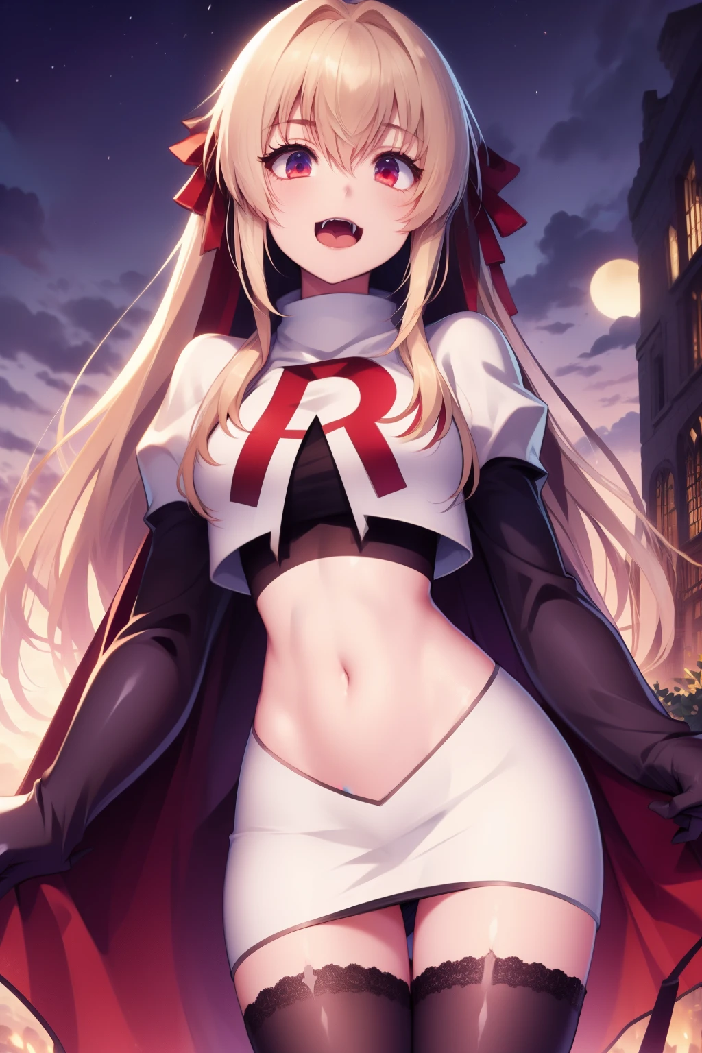 Victoria,hair ornament,team rocket,team rocket uniform,white skirt,red letter R,crop top,black thigh-highs,black elbow gloves,