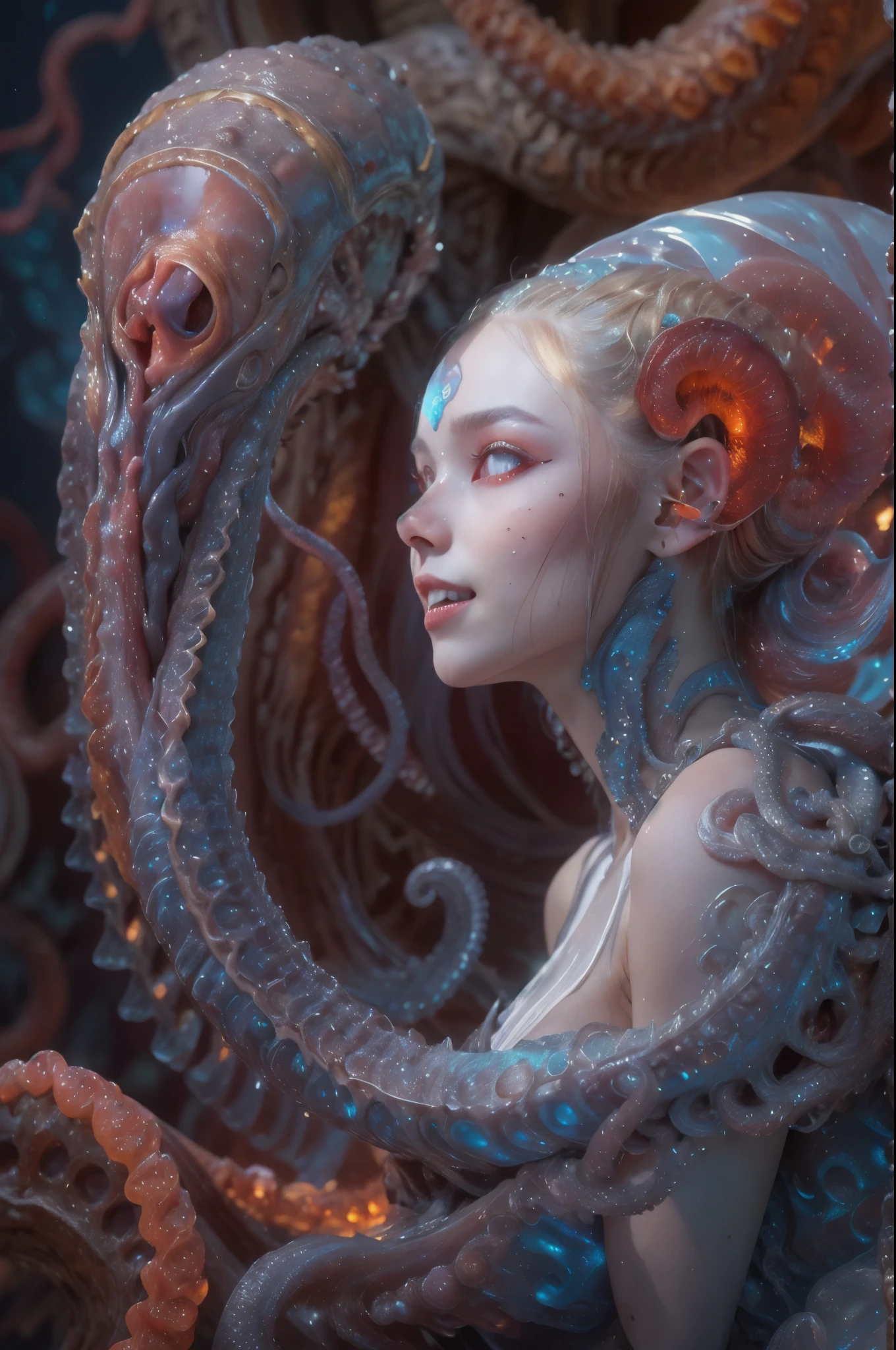 scary and sexy detailed art in color, Portrait, (beautiful and obscene female alien:1.4), (vulgarity1.7), (she has red eyes with no pupils:1.8), (Translucent white skin:1.7), (There is a female genital-like organ in the middle of the forehead:1.9), (The most beautiful face in the history of the universe:1.2),an evil gaze that seduces, (large mouth:1.1), (sharp teeth like a vampire:1.2), Full body portrait, (bio luminescent:1.5), (Smile wickedly:1.3), (sexypose:1.5), alien, No humans, cells are fused, (Lots of translucent tentacles:1.3) extraterrestrial, cell, bio image, best quality, 8K, In 4K_quality, High freshness, Dramatic Lighting, masutepiece:1.5,cinematic quality, detail up, (exquisite details:1.2), high resolution, High freshness, drawing faithfully, (Thick eyebrows:1.2), Beautiful eyes with fine symmetry,(Highly detailed face and eyes:1.2), Intimate face, (Super detailed skin quality feeling:1.4), perfect anatomy, (Beautiful toned body:1.5), (Moist skin:1.2), not wearing makeup, (dark circles:1.1), long canines, cinematic drawing of characters, ultra high quality model, cinematic quality, detail up, (exquisite details:1.2), high resolution, High freshness, drawing faithfully, official art, Unity 8K Wall paper, best quality, Very high resolution, ultra detailed artistic photography, midnight aura, unreal engine 5, Ultra Sharp Focus, art by Amano Yoshitaka, ArtGerm, Roisch, intricate artwork, best quality, masterpiece, ultra high resolution, (photos realistic:1.4), ultra realistic realism, dream-like, nautilus, Creation of fantasy, Snail, Dream Snail, (biopunk nautilus:1.3),Thrilling color schemes, ultra realistic realism, seductively smiling, Blue tentacles, Amazing mutation, well-proportioned body, goddess of the deep sea
