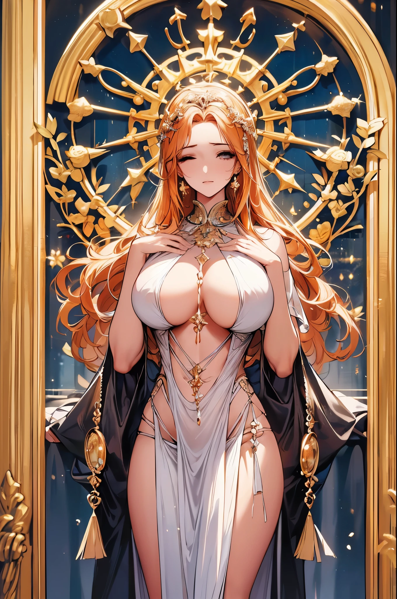 garota Anjo da guarda, chama divina, Amazing and impactful image, very detailed and flawless, 4k definition, (((Grandes Asas angelicais de penas brancas cobrem seu corpo))), your eyes are closed, serious guy, hands between breasts, corpo inteiro