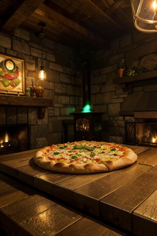 (highres,best quality:1.2),a succulent pizza on a wooden table in a low-lit restaurant with a background fireplace,delicious toppings,mouthwatering cheese,crunchy crust,aromatic spices,freshly baked perfection,wood-fired,cozy ambiance,dimmed lights,soft flickering fireplace light