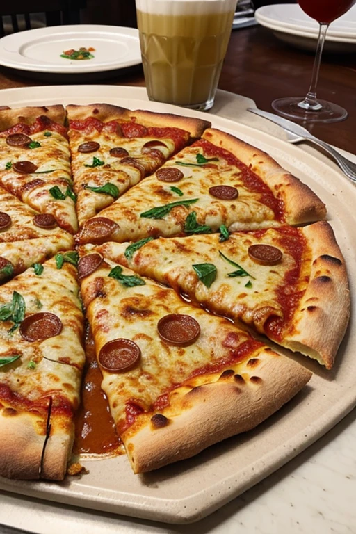 uma suculenta pizza em cima de uma mesa de madeira em um restaurante de luz baixa e lareira de fundo