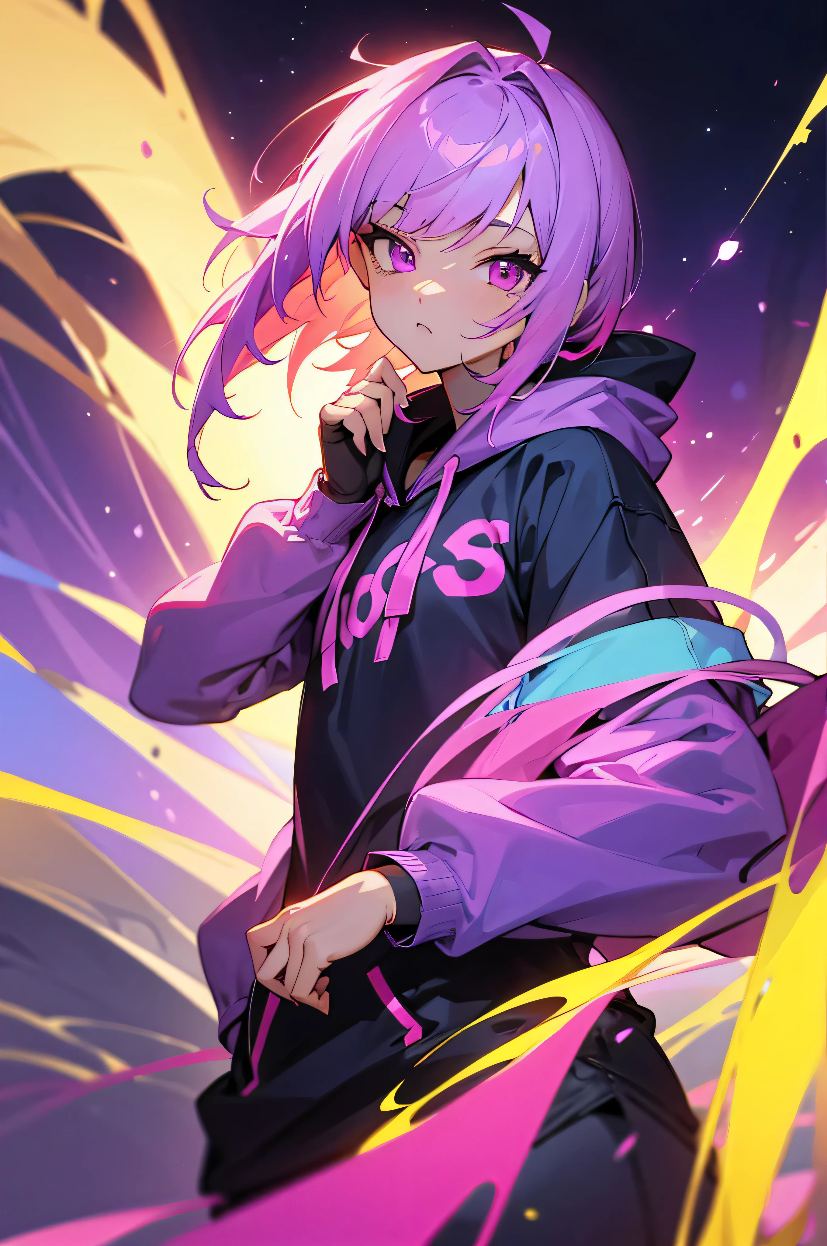 Neon Hair、look at the camera、purple hair、short hair、golden eyes、hoodie、look at the cameraください、Medium chest、pink eyes、long hair、universe