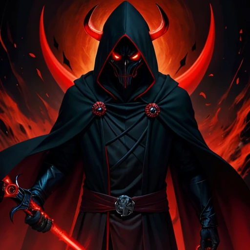 a creature, dark creature, black and red mask with red eyes and demon face, demonic creature, with glowing red eyes, the grim reaper as a scary one, with glowing red eyes, dress, hood covering his head, evil smile and glowing eyes , evil death, masked, smile mask, Overlord!!!, he is very threatening and evil, evil smile, Shinigami