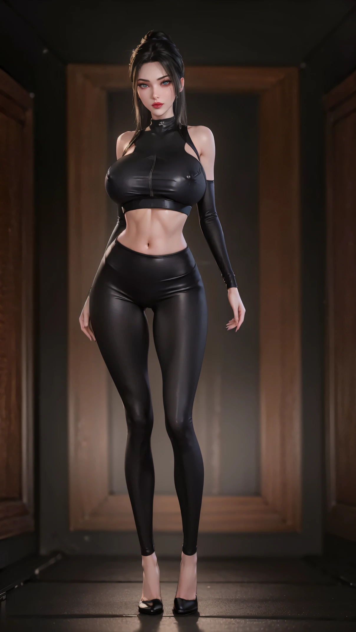 physically-based rendering, (girl alone:1.5), (slim body,huge fake breast:1.4), street city, slim waist, big buttocks, (Full body:1.3), standing, skintight black leggings, (wearing sexy crop top:1.5).