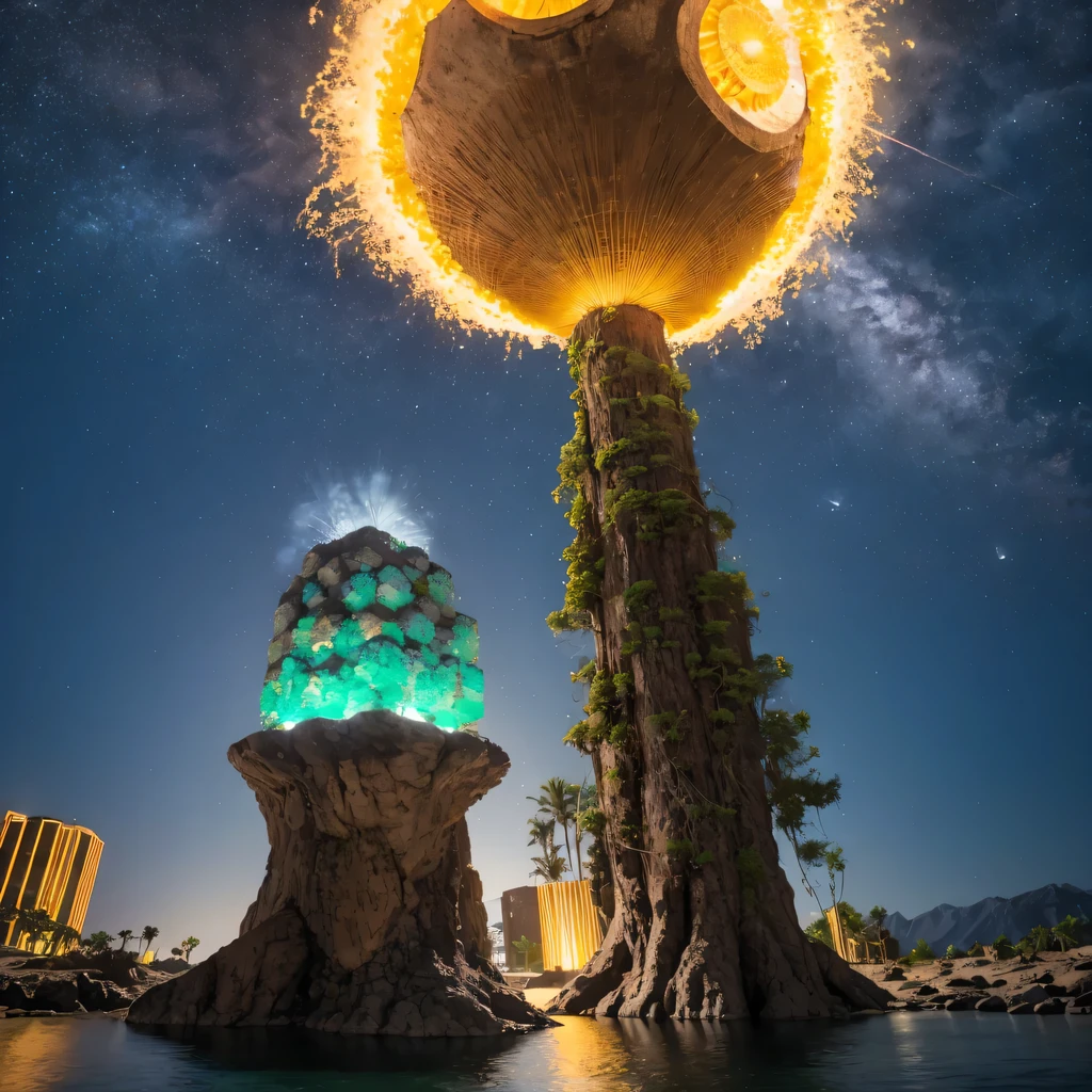 Octopus Man Hexagonal Base(Very detailed) In a hexagonal mountain oasis,There are several hexagonal exhaust fans and chimneys,some neon lights projecting from the base,light up the night),There are some clouds in the night sky,Some surrounding planets provide air to unknown planets,The most distant giant hexagonal volcanic eruption,rainforest