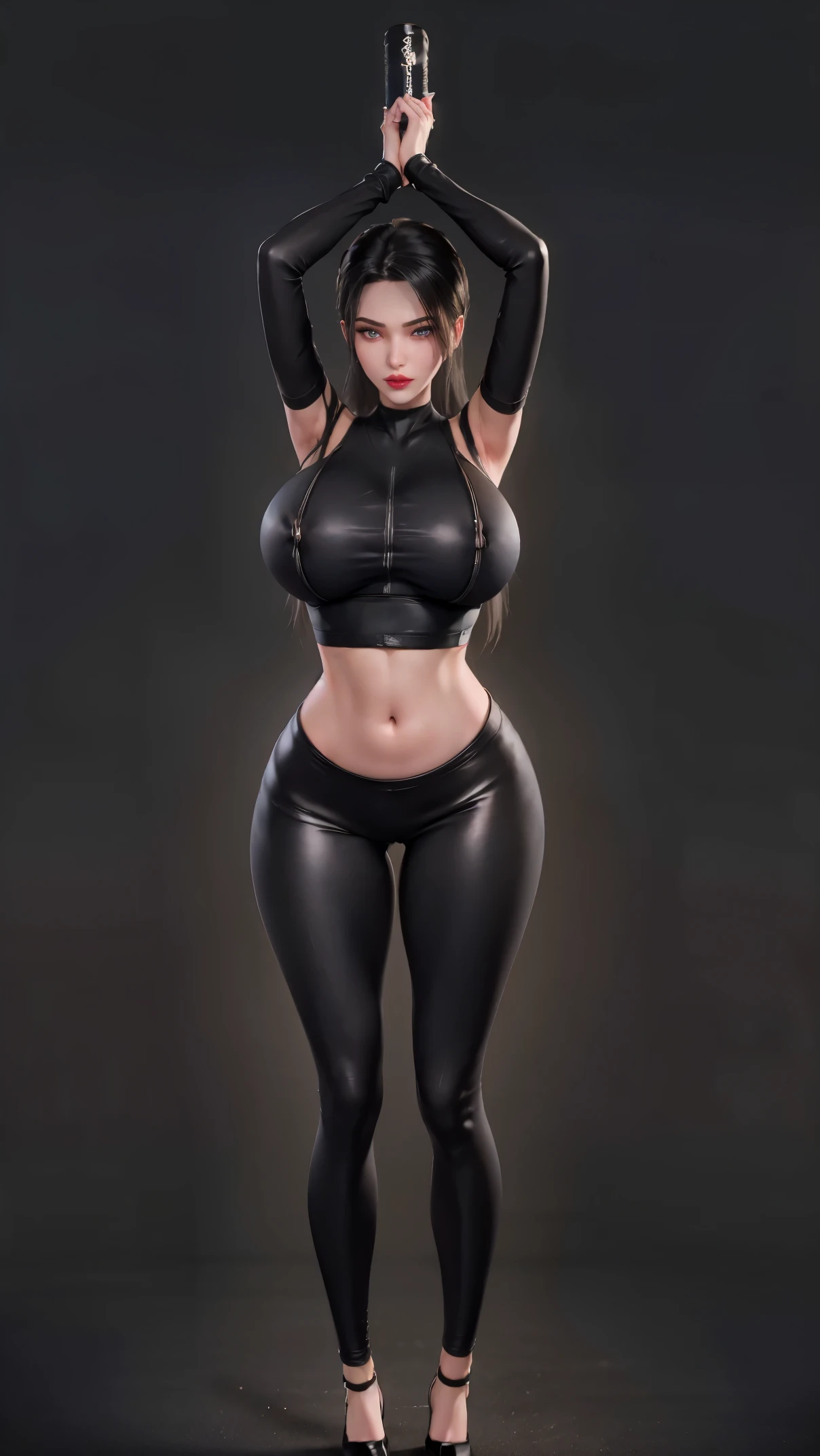 physically-based rendering, (girl alone:1.5), (slim body,huge fake breast:1.4), street city, slim waist, big buttocks, (Full body:1.3), standing, skintight black leggings, (wearing sexy crop top:1.5).