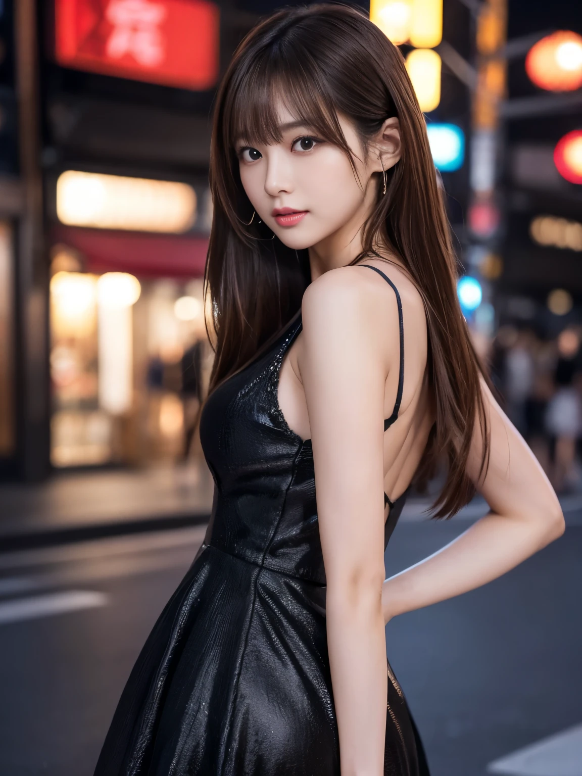 masterpiece、Beautiful girl、Detailed eyes、True Face、Highest quality, 超High resolution, (reality: 1.4), Cinema Lighting、Japanese、Asian Beauty、Korean、so beautiful、Glowing Beautiful Skin、thin、Body facing forward、(Ultra-realistic)、(High resolution)、(8k)、(Very detailed)、(美しくDetailed eyes)、(Very detailedな)、 (wallpaper)、Detailed face、The lighting is bright、Professional Lighting、View the viewer、Look straight ahead、The costume is a black dress...、46 point diagonal bangs、Night view、Brown Hair、Japanese Idols、Korean Idol、Idol Sculpture、actress、19 years old、expensive、(Dynamic pose, Dynamic Angle:1.3), Random Pause, Random Angle,