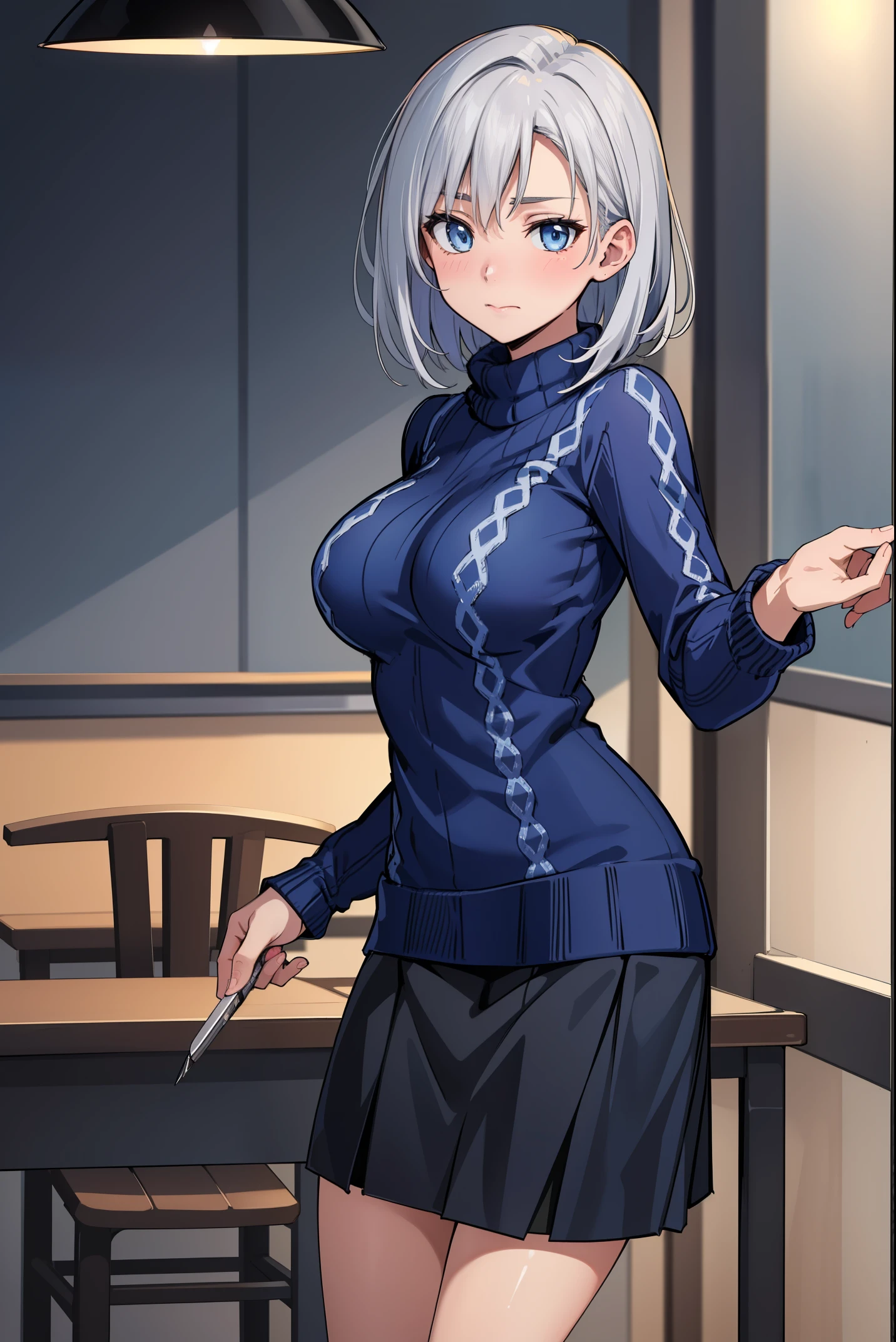 from below:1.6,front focus:1.5,8k wallpaper, table top, highest quality, figure, looking at the viewer,cowboy shot, perfect anatomy,(1 female:1.5), alone, 24-years-old,BREAK((silver hair),(silver short hair)),((blue-eyes)),(Embarrassed face),blush,big breasts, rocket bit,BREAK(lover lover (Argyle pattern),dark-blue knit sweater:1.46), BREAK(Beautiful leg line in a black miniskirt:1.4), skirt lift:1.4,BREAK(brown razor short boots),BREAK(inside a university classroom)), (Twilight Settings:1.3), (soft, warm lighting:1.3),BREAK(standing pose)