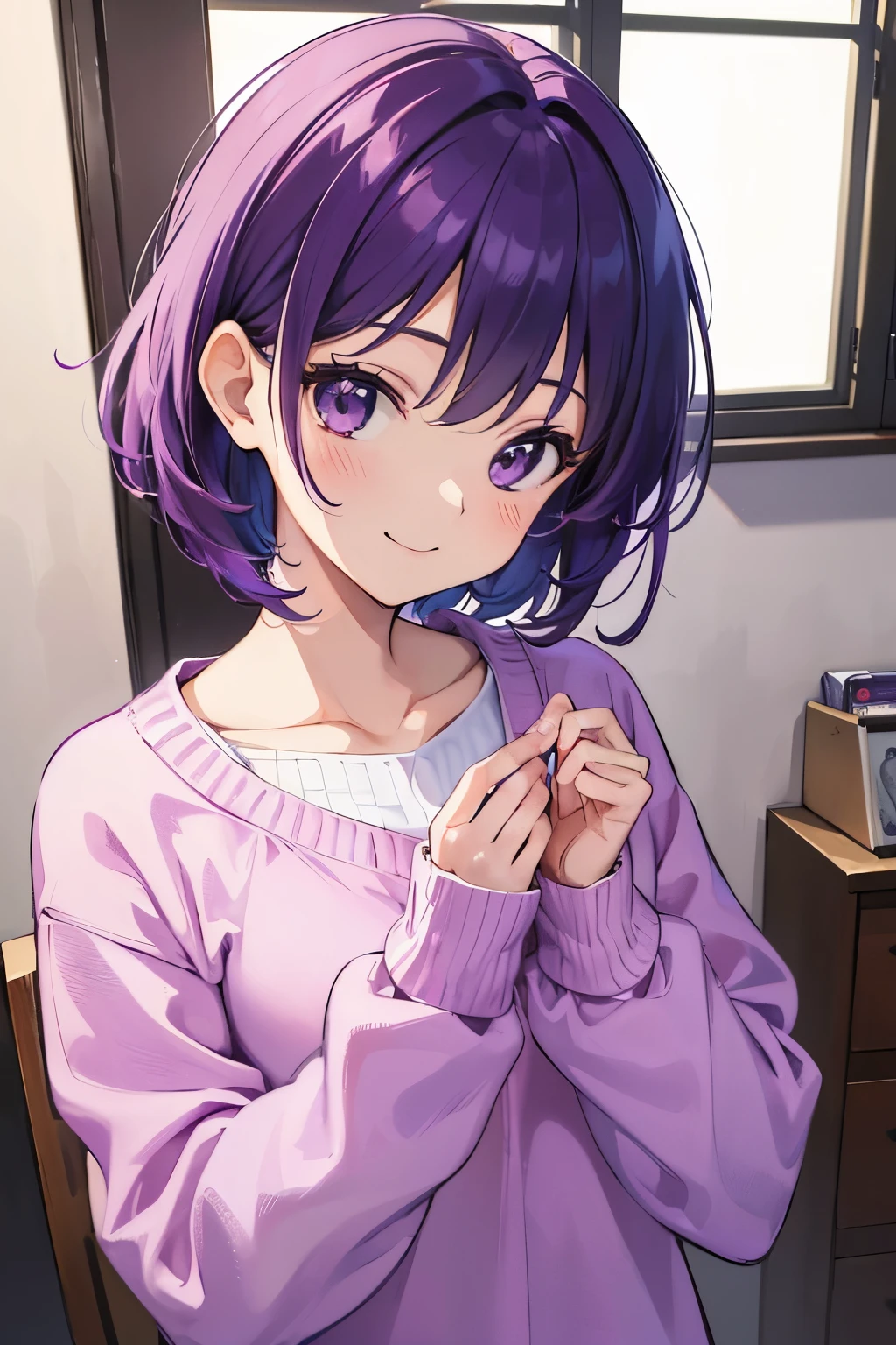 (T Masterpiece，4k wallpaper，best quality))、((girl１people))、(solo)、Brilliant，(purple hair)、(shortcut:1.3)、close up of face、smile、Bedroom、morning、sweater