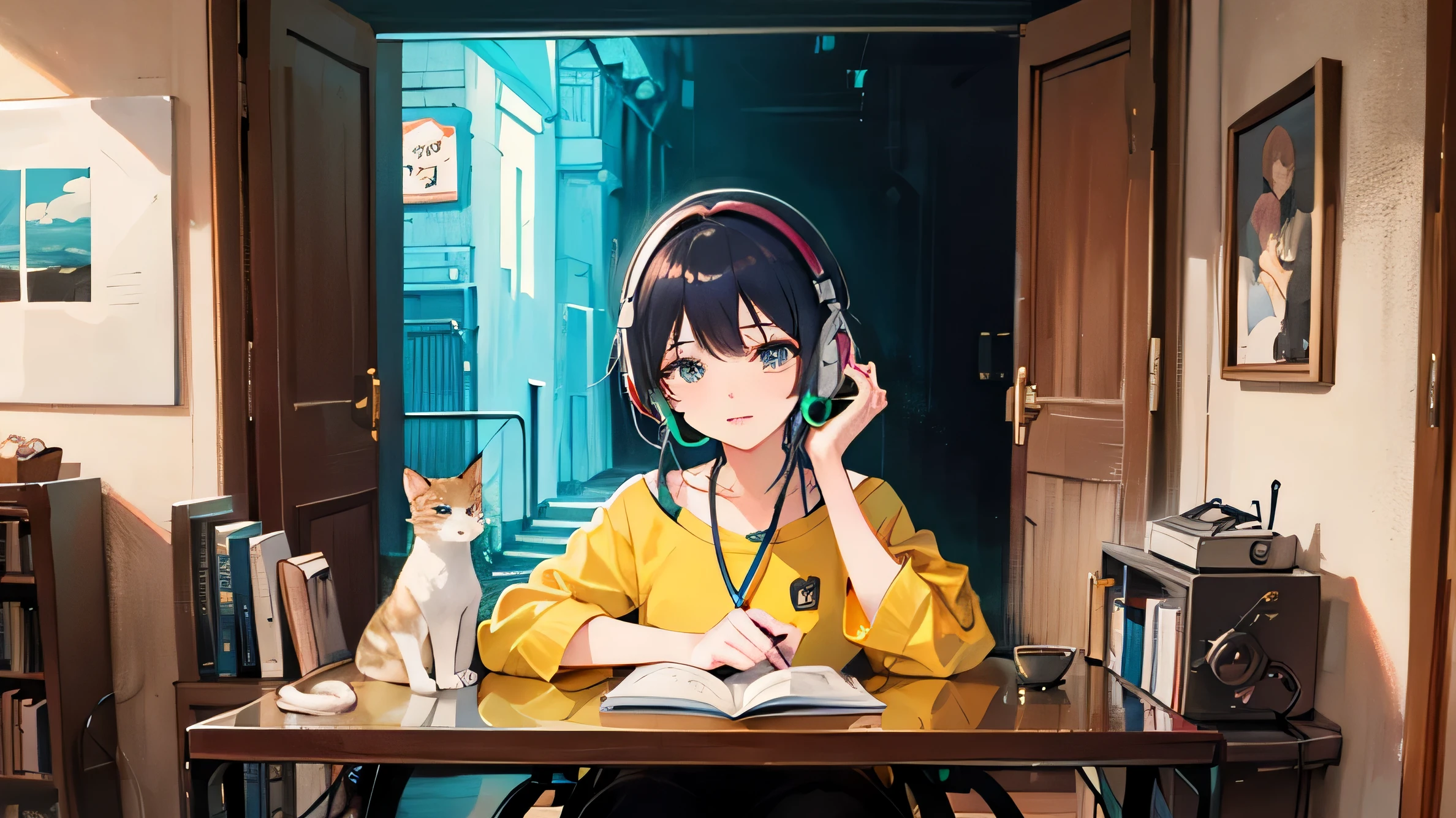 Animated character wearing headphones, sitting on a table, holding a book and a cat, compliment girl, compliment art, compliment art style, compliment feel, compliment portrait, compliment colors, compliment, lo-fi art, compliment vibes, compliment vibe, compliment hip hop, satoshi kon artstyle, compliment girl aesthetic