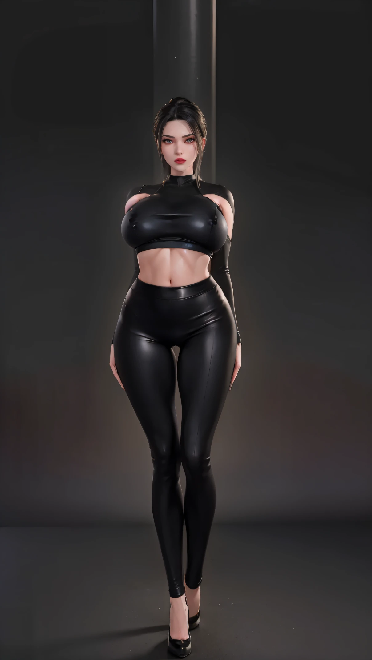 physically-based rendering, (girl alone:1.5), (slim body,huge fake breast:1.4), street city, slim waist, big buttocks, (Full body:1.3), standing, skintight black leggings, (wearing sexy crop top:1.5).