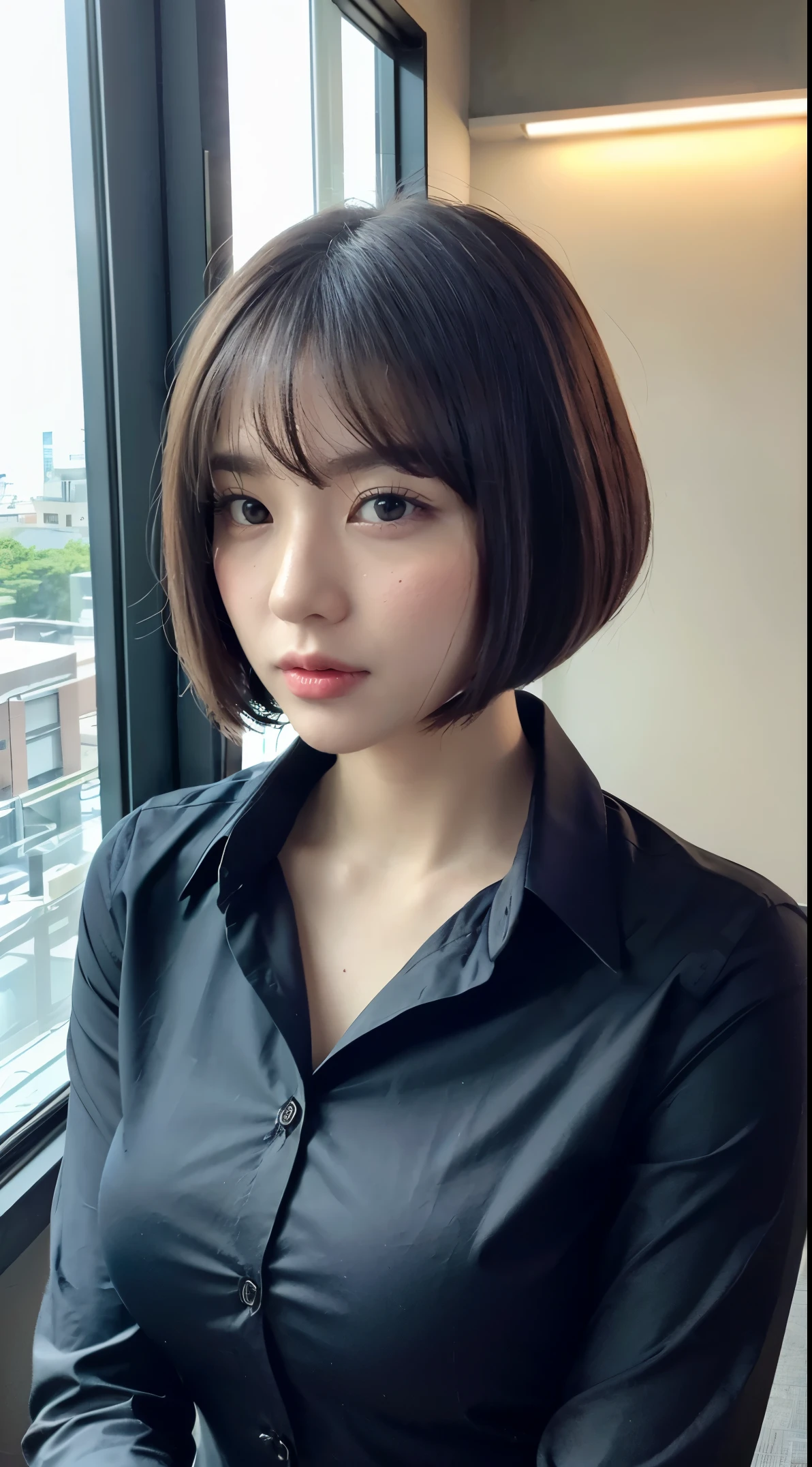 (table top,high quality:1.3),(Depth of bounds written:1.3) ,((Front body:1.35)), Japanese ,woman, bowl cut, (womanのビジネスブラックスーツブラックミディスカート ,white collared shirt:1.2),huge breasts,(looking at the viewer:1.3),(whole body:1.2),( put your hand on your waist:1.2),By the window in the office