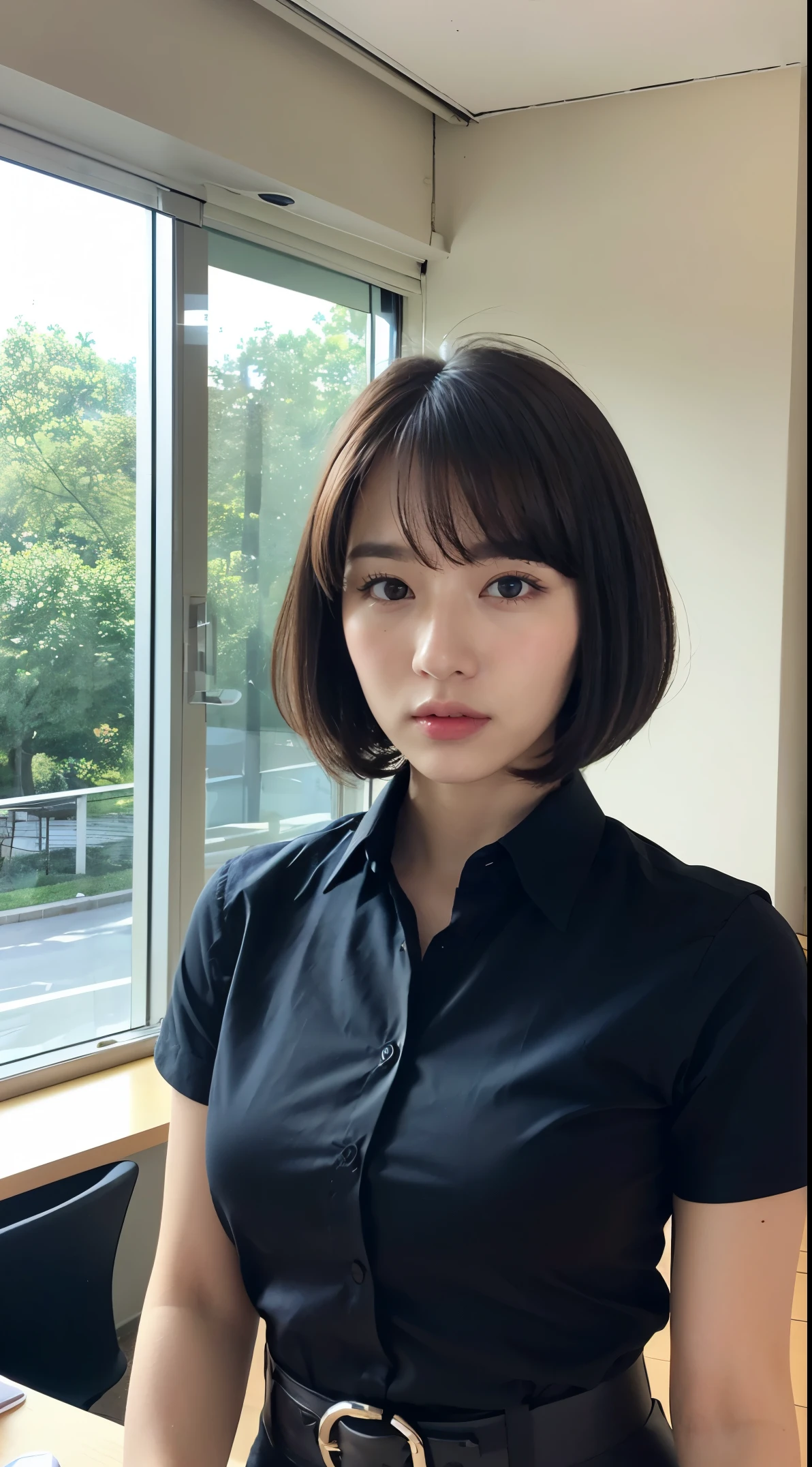(table top,high quality:1.3),(Depth of bounds written:1.3) ,((Front body:1.35)), Japanese ,woman, bowl cut, (womanのビジネスブラックスーツブラックミディスカート ,white collared shirt:1.2),huge breasts,(looking at the viewer:1.3),(whole body:1.2),( put your hand on your waist:1.2),By the window in the office