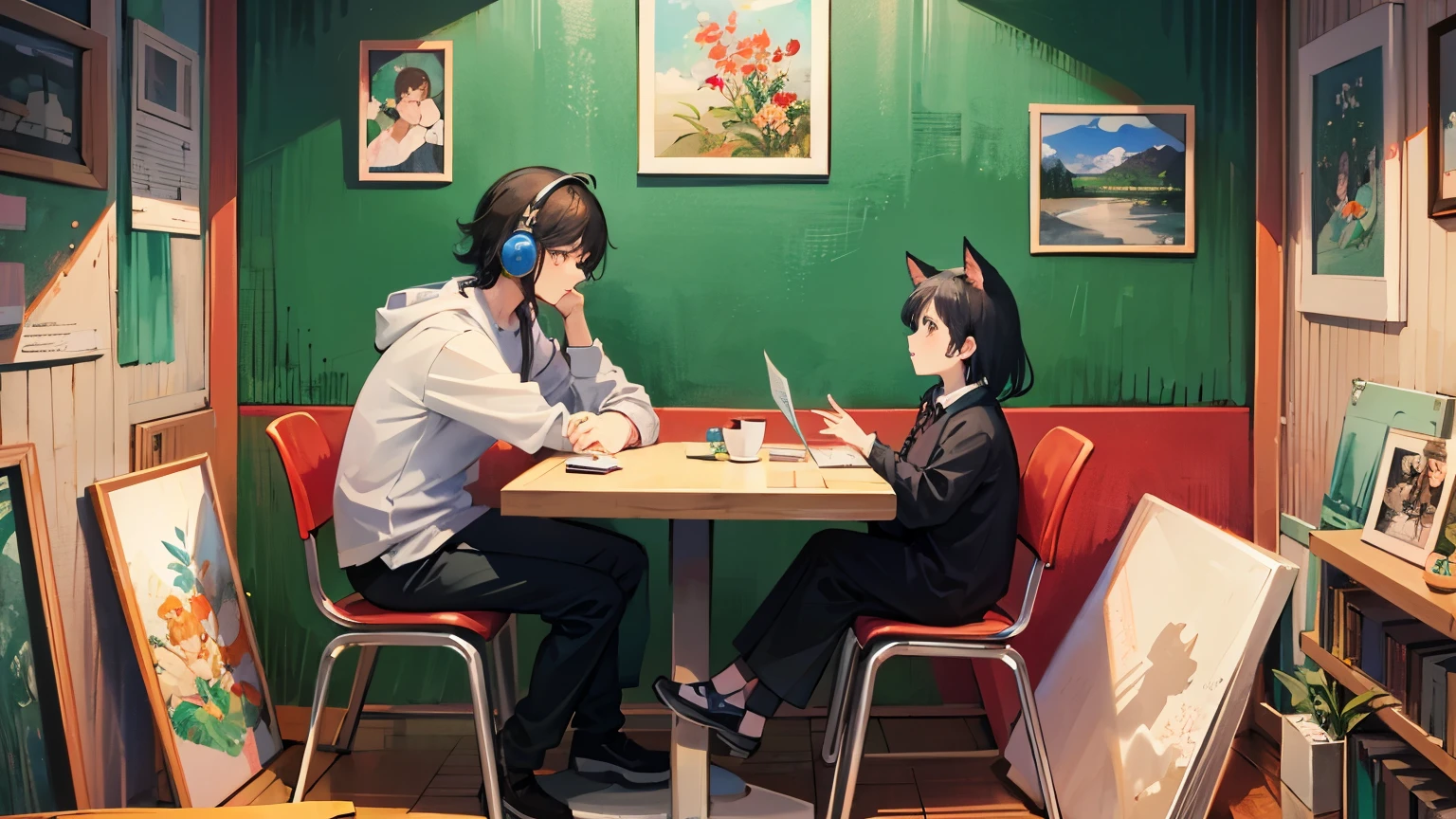 Animated character wearing headphones, sitting at a table, holding a book and a cat, compliment girl, compliment art, compliment art style, compliment feel, compliment portrait, compliment colors, compliment, lo-fi art, compliment vibes, compliment vibe, compliment hip hop, satoshi kon artstyle, compliment girl aesthetic