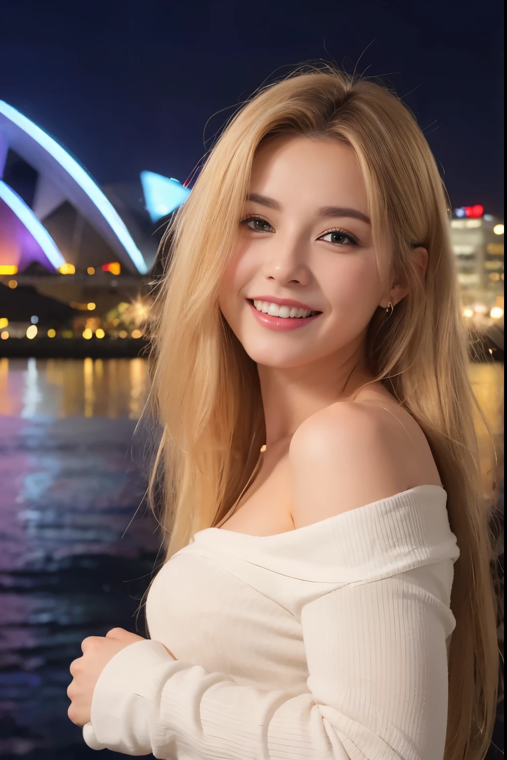 ((Day, Best Quality, 8K, Realistic)), Full Body: 1.4, Slender Abs: 1.2, ((Long ash-blonde hairstyle, Medium Breasts: 1.2)), (Long white sleeves, Off_shoulder, Long jeans, Standing: 1.2), (Outdoor, Sydney opera house, Realistic sydney opera house background, Day lights), Highly detailed face and skin texture, detailed eyes, double eyelids, seductive sexy pose, seductive smile