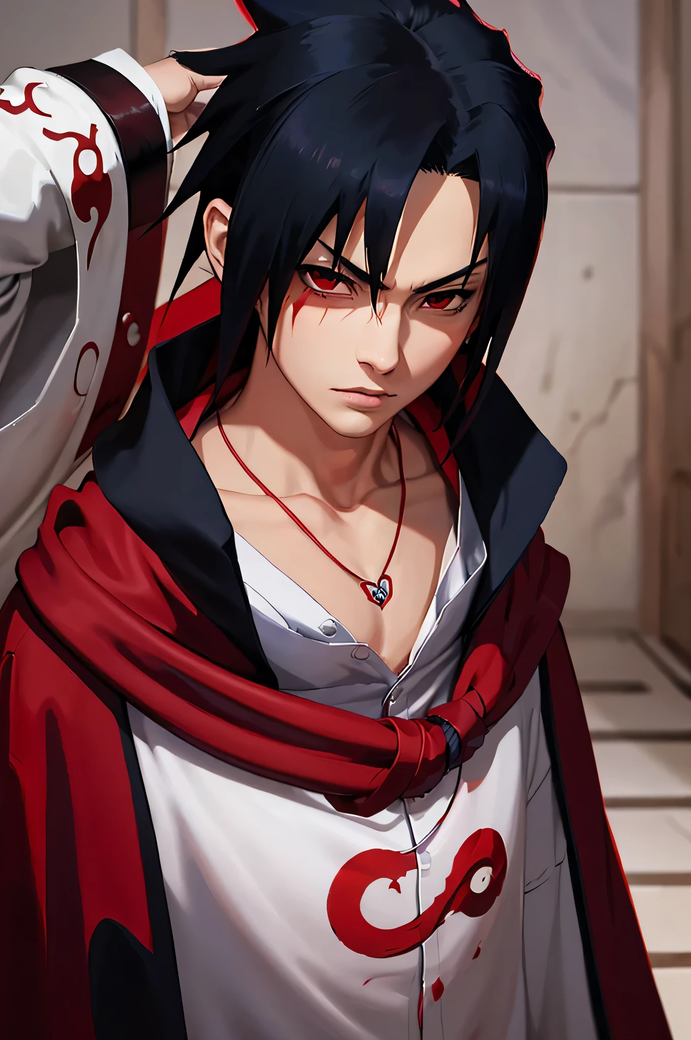 (masterpiece, best quality:1.2), red theme, cowboy shot, solo, male focus, 1boy, uchiha sasuke, expressionless, closed mouth, looking at viewer, ninja, cloak, high collar, jewelry, necklace