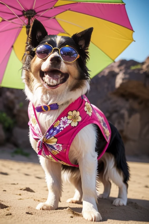 Collie or Border Collie dog with abnormal coat, tamanho gigantesco, cor da pelagem muito longa e albina, he's got his tongue out, expression of great happiness upon seeing the owner, local muito florido, usa camisa floral detalhes variados, (((veste apenas camisa com detalhes florais havaiano aberta))), usando camisa havaiana com detalhes floral, ((He wears 3D cinema glasses on his eyes)), (usando camiseta havaiano com estampas de flores), he is on the beach under a colorful umbrella, on the right side there is a plastic bowl with many bone-shaped cookies inside., ao seu lado esquerdo uma bola colorida, brincando com seus Brinquedos em um lindo quarto fofo,  Dog with an expression of happiness when he sees his owner, Cachorro com boca aberta, breed dog ,  German Dwarf Spitz, Lulu of Pomerania, Maltese ,Yorkshire Terrier, lindo Maltese posando para uma foto usando roupas fofas,   fofo usando vestido fofo de princesa, luxurious hat, ties, Bandanas, vestido, cores fofas, children&#39;dog clothing colors. low angle view, eye level shot (virilha),Just huge morbid thighs, gordinhas, extremamente grossas;,rima de trabalho, melhor qualidade, (Vista frontal), (vista da minhoca&#39;olhos), perspectiva do olho do minhoca, low angle.
