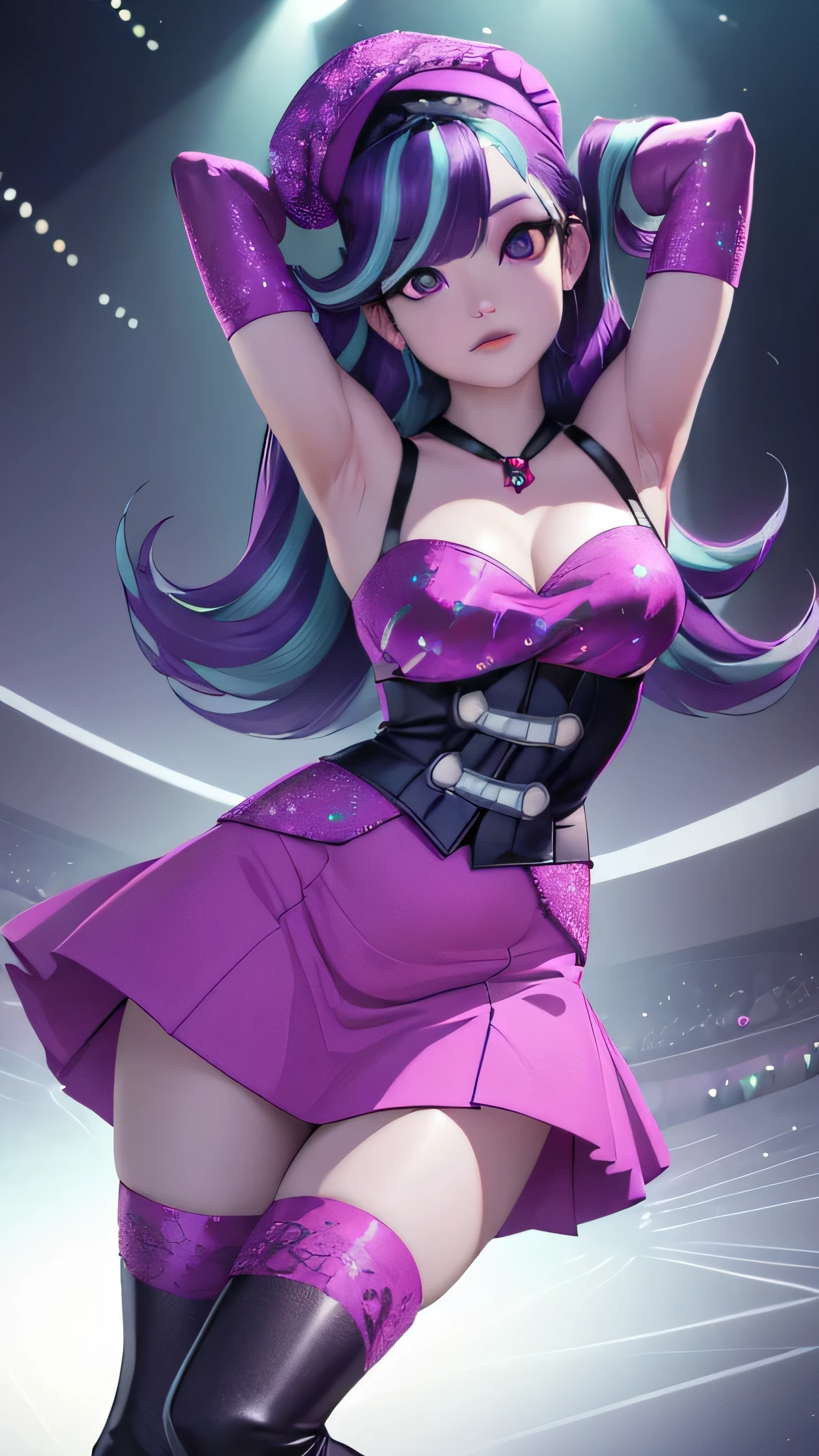 (best quality,ultra-detailed,realistic:1.37) Starlight Glimmer, a human character from the animated series, purple skin, wearing a meticulously crafted outfit that combines elements from her own wardrobe and Sonata's. The outfit consists of a stunning tube skirt with intricate designs and patterns, a stylish cap that adds a touch of charm, an elegant collar that enhances her neckline, and a pair of sleek boots that perfectly complement her ensemble. Starlight Glimmer is seated, with a mesmerizing front view that captures the depth of her expression and personality. The scene is set against a backdrop of a serene and enchanting environment, with soft, diffused lighting that highlights the subtle details of her attire. The colors of the artwork are vibrant and rich, adding depth and visual appeal to the overall composition.