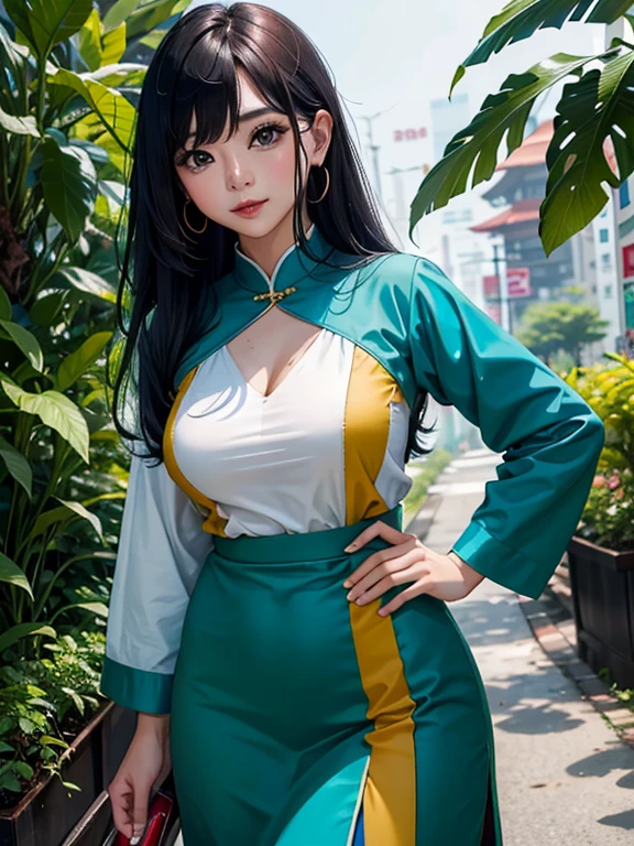 foto clos-up wanita cantik asia 24 tahun, berambut panjang, baju see trought, berlari di jalan lumpur, kehujanan, cipratan air realistis, tetesan air realistis daun detail, pohon realistis, ultra hd