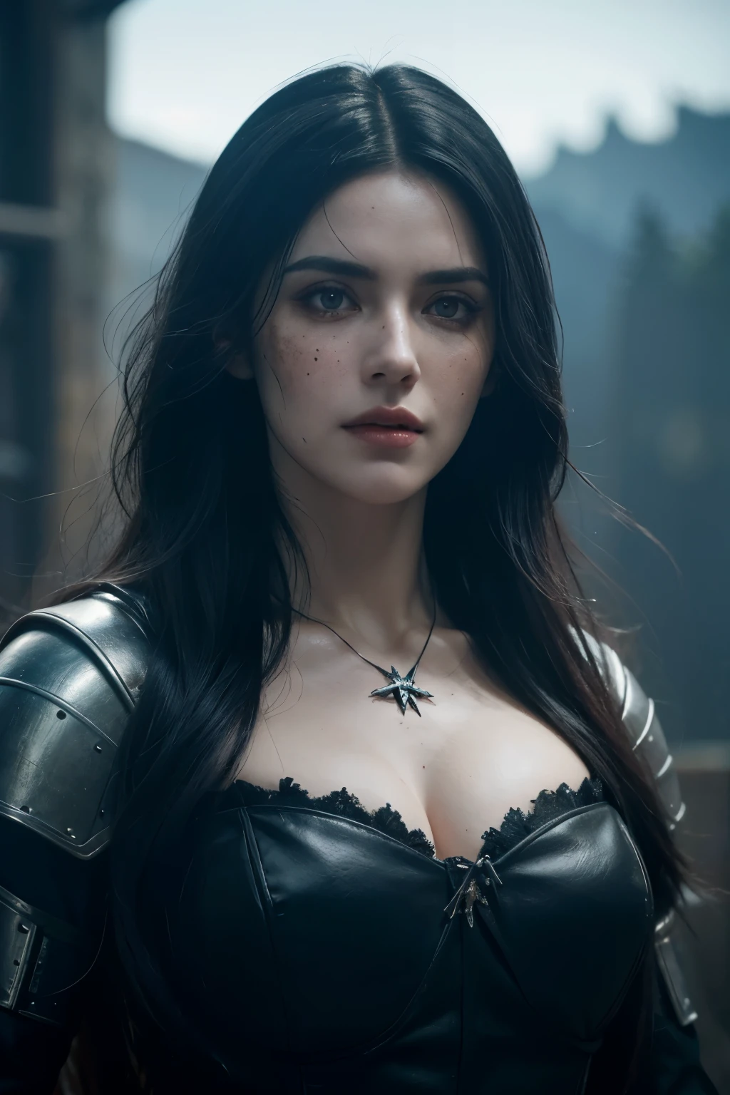 linda guerreira com longos cabelos pretos e olhos azuis parecida com a yennefer do jogo the witcher, She wears black metal medieval armor and is in the middle of a fierce battle against enemy soldiers.., your face is stained with blood and freckles, His skin is white, and his expression is angry