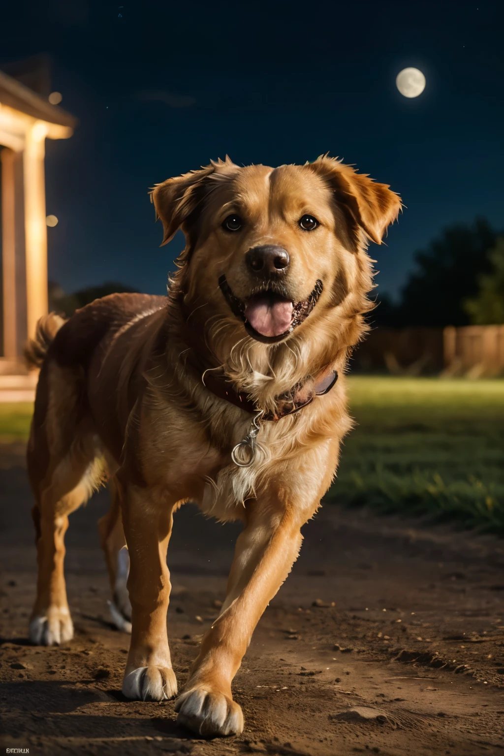 Realistic scene: A playful dog runs towards the night sky with its tongue out and its ears flapping, creating an exciting and dynamic image. The big moon illuminates the scene with its soft, gentle light, casting long, intricate shadows on the ground. (Very detailed, High resolution, Masterpiece, Best quality, Intricate details, Sharp focus, Detailed fur texture, Realistic, Post-processing, Maximum details, Roughness, Real life, Ultra-realistic, Photorealism, Photography, 16:9 aspect-ratio)
A cute, energetic golden retriever dashes towards the vast, open night sky with a sense of boundless excitement