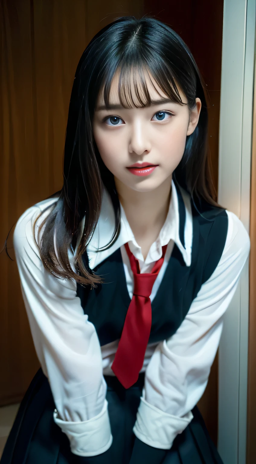 (((32k,high detail,high detail、Masterpiece,Attention to detail,Whole BodyEsbian,alone))),original photo & realistic atmosphere,beautiful dark blue eyes,detailed mouth,glossy lips,detailed eyebrows,Detailed description of the eyes,White skin,Every detail sparkles、blue eyes,非常beautiful眼睛,detailed mouth唇、非常beautiful脸,The face is very well-proportioned、lifelike face,闪亮beautiful嘴唇, Realistic young gravure idol, Very beautiful schoolgirl, , Young sensual gravure idol, young gravure idol, beautiful, Cute and mature16-year-old female student,The whole body is soaked,Drip it out,blush,incredibly beautiful, Sexy and elegant16year old girl,Brown shiny semi-long hair,Hair is wet,dripping water,dripping water,(looking at camera:1.4),(dark,It's dark,Use a flashlight to illuminate your subject in a dark classroom:1.7),(a sexy,Healthy and toned body,high detail高清晰度高清晰度日本 HDTVblackHDTVhi-VisionBlack 高清晰度黑色高清高清晰度黑色高清高清,medium shaped breasts,,mature body, I am in a hurry,Almost cried,moist eyes,sneering,glare,A bright face is also beautiful,High resolution arm,,HD fingers,:1.5),(The chest of the uniform is open,Elegant high school student wearing black and red,Wearing black stockings and sexy legs,Lifted her skirt in shame:1.7)