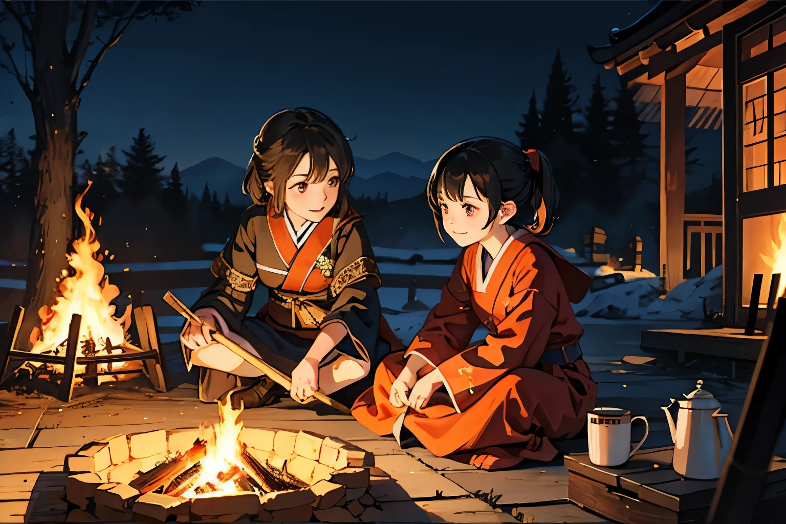 bonfire、night、two girls around the fire