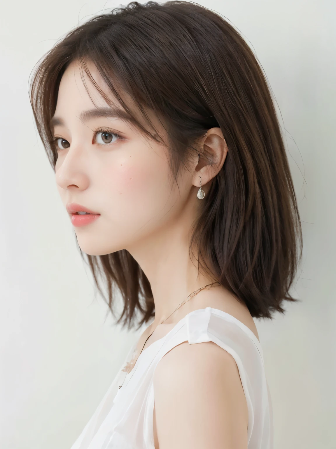 ((masterpiece:1.4, highest quality)), ((masterpiece, highest quality)), (photo-realistic:1.4), professional lighting, highly detailed eyes and face, Beautiful eyes in every detail, (beautiful japanese girl:1.05), face focus, From the back、professional photos、(realistic、photo realistic:1.37)、one girl white wall、Taken in front of the white door、(white wall room with window)、Versatile poses、Winter clothes、simple necklace、(Beautiful profile:1.3)、Don't look at the camera、long bob、((profile))、normal and detailed eyes、Dark brown eyes、earrings、(pastel clothing)、medium hair