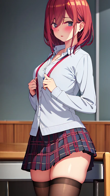 (Nino Nakano), blue eyes, Say goodbye to hair accessories, (chest comes out),BREAK looking at viewer,indoors, classroom,break (table top:1.2), highest quality, High resolution, unity 8k wallpaper, (figure:0.8), (beautiful and fine eyes:1.6), detailed face, perfect lighting, Highly detailed CG, (perfect hands, perfect anatomy),big breasts,woman ,irritated expression,((white panties)),Lift the shirt,(show your chest),(nsfw),(Kneeling),open your legs