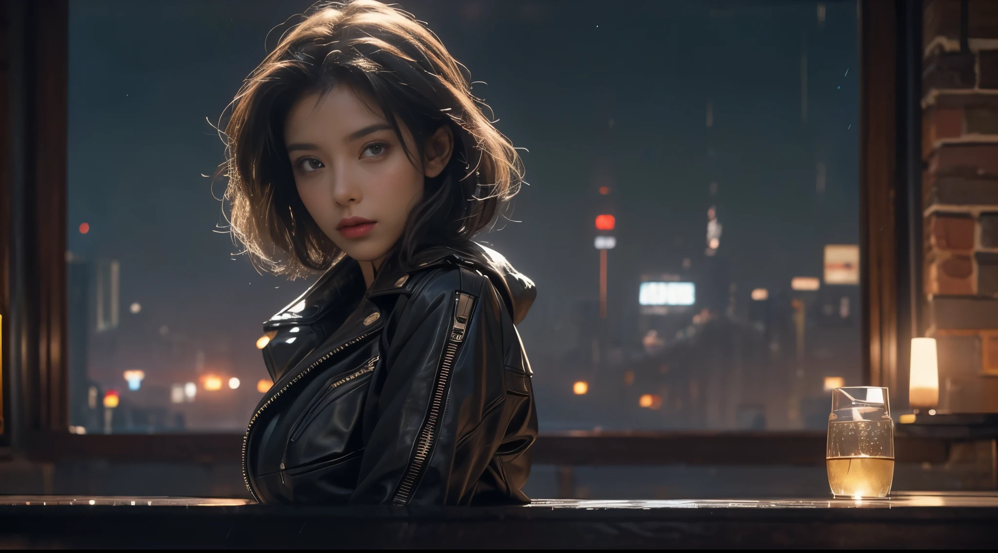 original photo, (best quality:1.3), high resolution, (masterpiece), (lifelike:1.4), Professional photography, sharp focus, high dynamic range, 8K resolution, intricate details, Exquisite details, depth of field, Extremely detailed CG unified 8k wallpaper, masterpiece,poster,best quality,official art,(Beauty and aesthetics:1.2),(masterpiece:1.3),The cities of the future,a girl,Leather jacket,Off the shoulders,No underwear,looking at camera,(Mid-range lens:1.8),volumetric fog,rain,night,dramatic