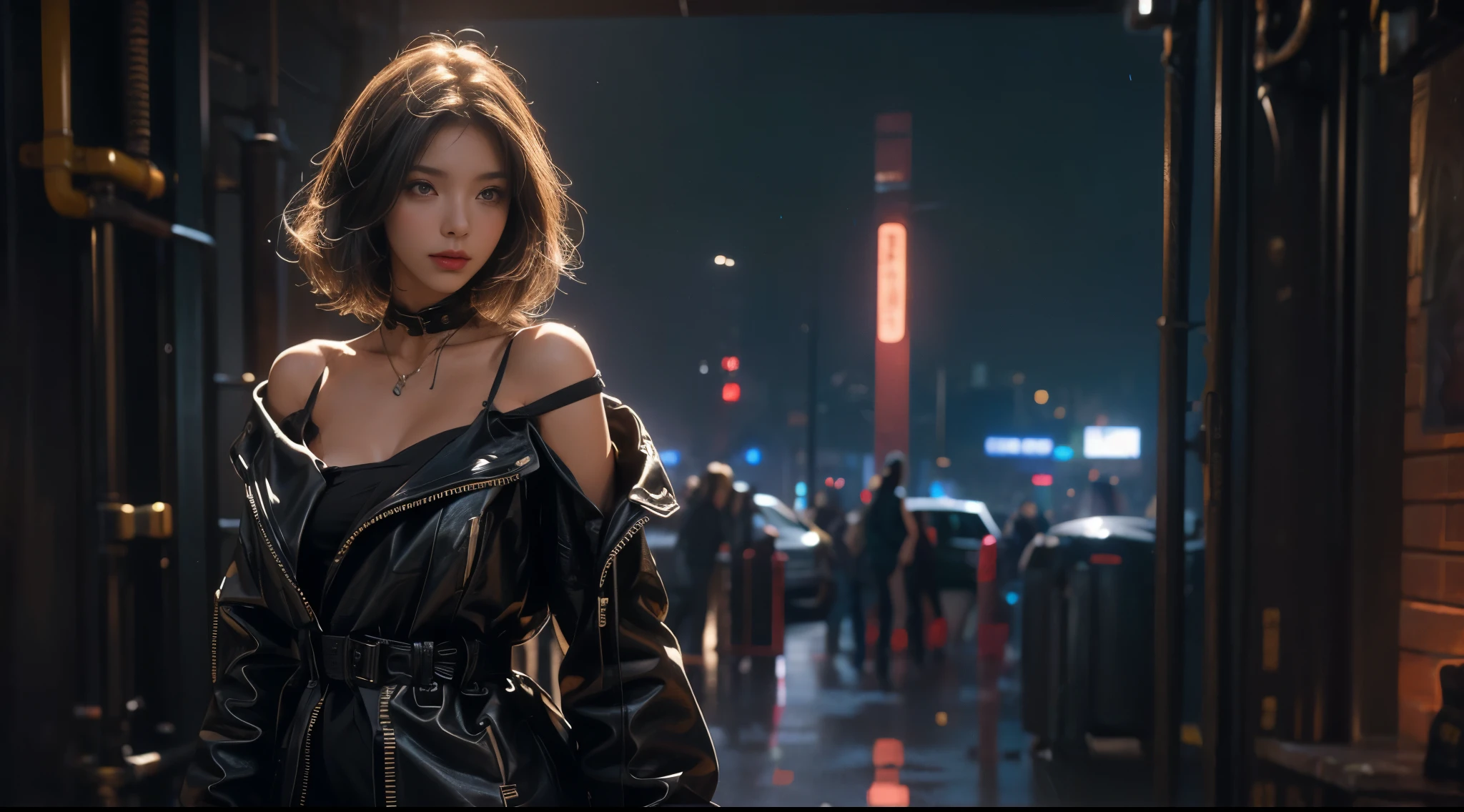 Living in a decadent world of the near future、、Cyberpunk Fashion、blade runner worldview、Asian Skyscrapers、''（（it&#39;s raining）、fog、（Realistic depiction）、Beautiful woman looking up at the sky from the ground