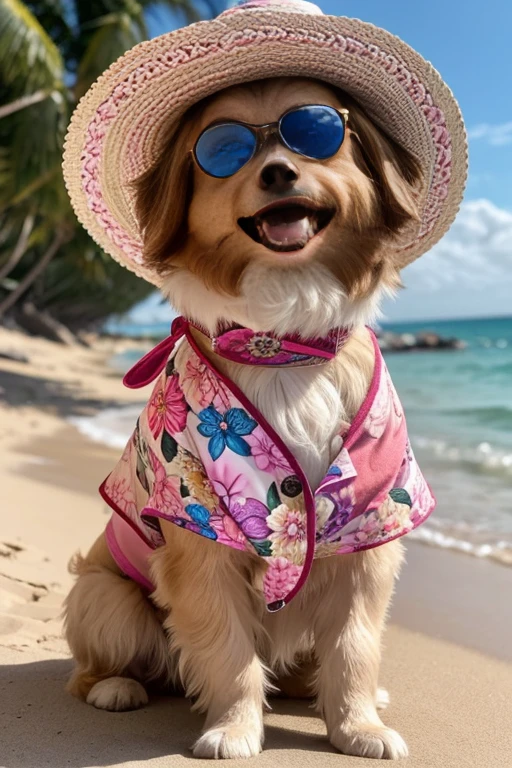 Collie or Border Collie dog with abnormal coat, tamanho gigantesco, cor da pelagem muito longa e albina, he's got his tongue out, expression of great happiness upon seeing the owner, local muito florido, usa camisa floral detalhes variados, ((( ele usa camisa de turista com detalhes floral))), (((veste apenas camisa com detalhes florais havaiano aberta))), usando camisa havaiana com detalhes floral, ((He wears 3D cinema glasses on his eyes)), (usando camiseta havaiano com estampas de flores), he is on the beach under a colorful umbrella, on the right side there is a plastic bowl with many bone-shaped cookies inside., ao seu lado esquerdo uma bola colorida, brincando com seus Brinquedos em um lindo quarto fofo,  Dog with an expression of happiness when he sees his owner, Cachorro com boca aberta, breed dog ,  German Dwarf Spitz, Lulu of Pomerania, Maltese ,Yorkshire Terrier, lindo Maltese posando para uma foto usando roupas fofas,   fofo usando vestido fofo de princesa, luxurious hat, ties, Bandanas, vestido, cores fofas, children&#39;dog clothing colors. low angle view, eye level shot (virilha),Just huge morbid thighs, gordinhas, extremamente grossas;,rima de trabalho, melhor qualidade, (Vista frontal), (vista da minhoca&#39;olhos), perspectiva do olho do minhoca, low angle.