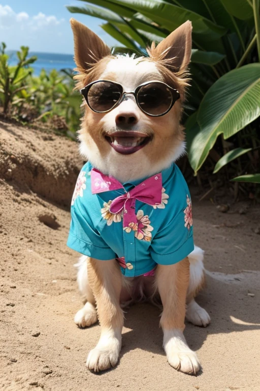 Collie or Border Collie dog with abnormal coat, tamanho gigantesco, cor da pelagem muito longa e albina, he's got his tongue out, expression of great happiness upon seeing the owner, local muito florido, usa camisa floral detalhes variados, ((( ele usa camisa de turista com detalhes floral))), (((veste apenas camisa com detalhes florais havaiano aberta))), usando camisa havaiana com detalhes floral, ((He wears 3D cinema glasses on his eyes)), (usando camiseta havaiano com estampas de flores), he is on the beach under a colorful umbrella, on the right side there is a plastic bowl with many bone-shaped cookies inside., ao seu lado esquerdo uma bola colorida, brincando com seus Brinquedos em um lindo quarto fofo,  Dog with an expression of happiness when he sees his owner, Cachorro com boca aberta, breed dog ,  German Dwarf Spitz, Lulu of Pomerania, Maltese ,Yorkshire Terrier, lindo Maltese posando para uma foto usando roupas fofas,   fofo usando vestido fofo de princesa, luxurious hat, ties, Bandanas, vestido, cores fofas, children&#39;dog clothing colors. low angle view, eye level shot (virilha),Just huge morbid thighs, gordinhas, extremamente grossas;,rima de trabalho, melhor qualidade, (Vista frontal), (vista da minhoca&#39;olhos), perspectiva do olho do minhoca, low angle.