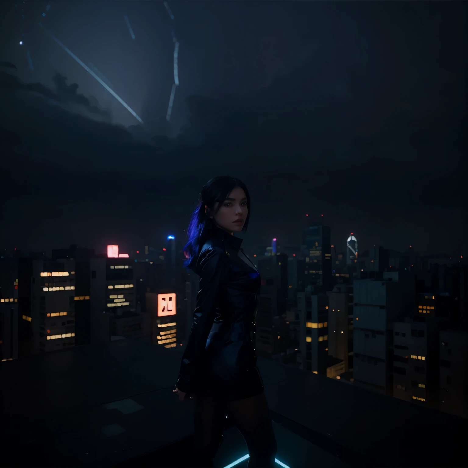 Imagine a night scene on a raised rooftop overlooking a futuristic sci-fi city, inspired by the art cinema style of Gem and Hoot Masterpiece. A woman is standing on the roof, surrounded by a picturesque cityscape filled with skyscrapers illuminated with matte neon lights. The color palette includes blue and purple tones that stand out against the cold, starry night.. La ciudad en el fondo, reminiscente de Hong Kong, It is full of shiny skyscrapers and illuminated signs that create a vibrant and futuristic atmosphere. The atmosphere is that of a very cold winter night, with a touch of recussion that adds depth to the scene. The woman is on her back looking at the horizon. The woman is dressed in a raincoat and is very cold