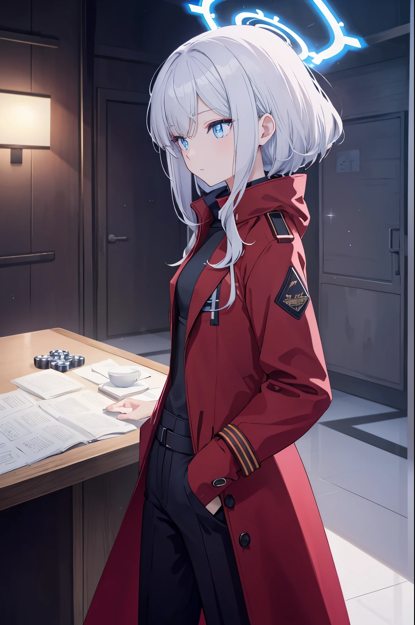 a human girl，Slim and thin figure，Poker face，top view，Side view，Short white hair，blue eyes，There is also a blue light in the eyes，blue eyes中有白色的瞳仁，shiny pupils，female hands，novice，There is a white bracelet on the wrist，wearing black gloves，blue halo，The aura is blue，Polyhedral pattern in halo，Wearing a red turtleneck long trench coat suit，Put your hands into your windbreaker pockets，Wearing black suit pants，tomorrow ark，tomorrow ark风格，solo，masterpiece，Extremely exquisite and beautiful two-dimensional exquisite painting style，Extremely delicate and delicate，8K high quality，CG wallpaper，HD，Bad milk，Small breasts，solo，Wearing a red turtleneck long trench coat suit，Put your hands into your windbreaker pockets，Wearing black suit pants，blue halo，The aura is blue，Polyhedral pattern in halo，Wearing a red turtleneck long trench coat suit，The clothes are decorated with golden patterns，Wearing a red turtleneck long trench coat suit，The clothes are decorated with golden patterns，The background is in a wooden lounge with warm lighting，Short white hair，blue halo，The aura is blue，Polyhedral pattern in halo，Wearing a red turtleneck long trench coat suit，blue halo，The aura is blue，Polyhedral pattern in halo，Wearing a red turtleneck long trench coat suit，Put your hands into your windbreaker pockets