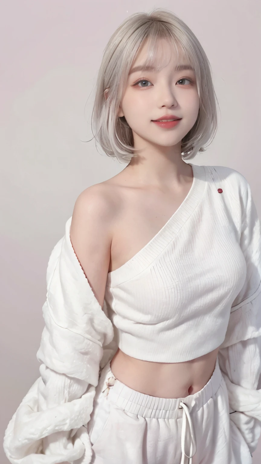 best image quality、RAW photo、ultra high resolution、21 years old Korean、small breasts、dynamic angle、cowboy shot、The most beautiful forms of chaos、elegant、innovative design、vivid colors、beautiful white hair、short bob、smile、glossy white skin、beautiful eyes with random colors、Very beautiful eyes down to the details、thin lips、detailed beautiful eyes、elongated eyes、pale pink cheeks、long eyelashes、beautiful double eyelids、eye shadow、Shi、White big sweater、baggy pants、shot from the side、sexy pose、zoom up
