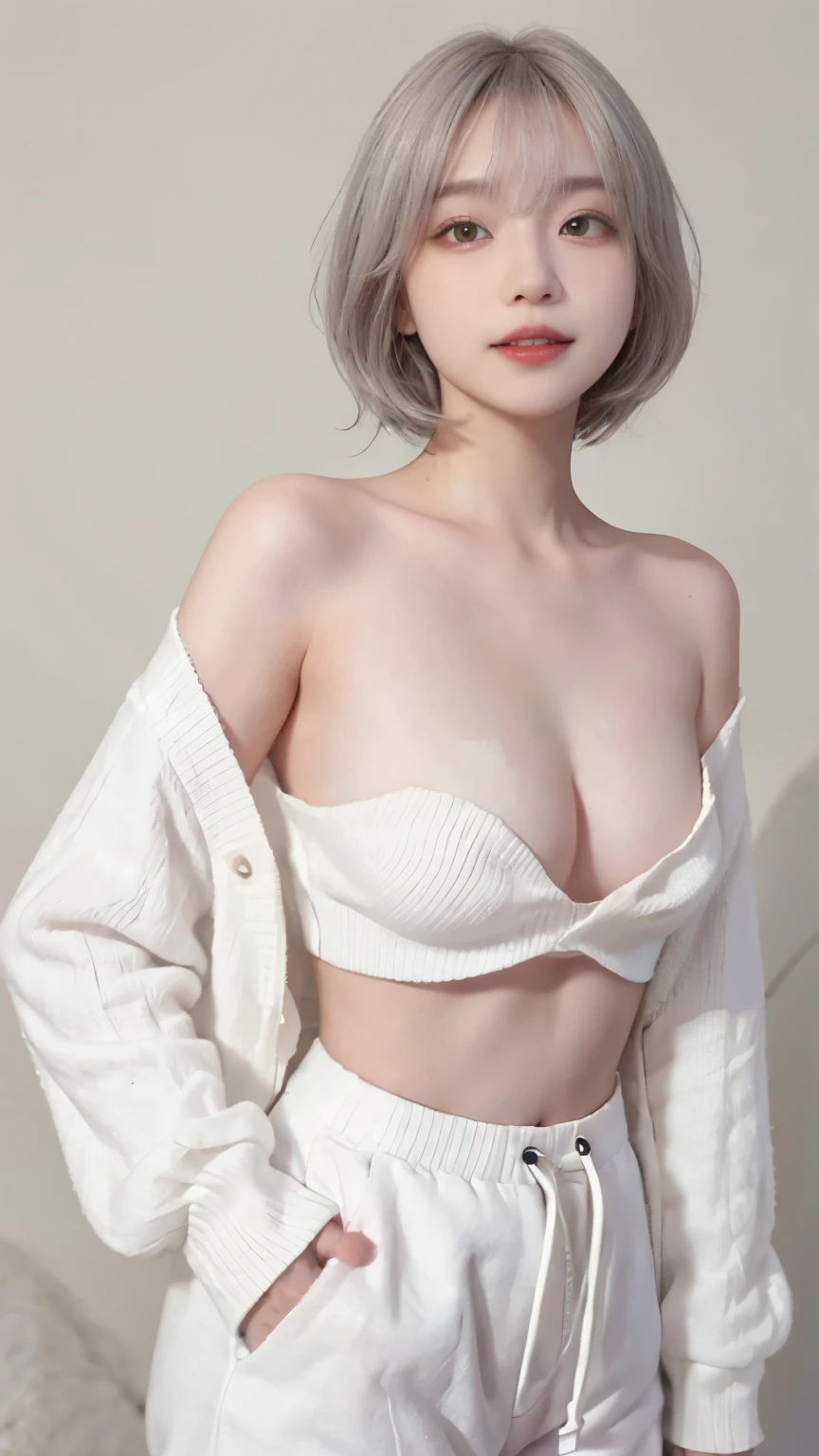 best image quality、RAW photo、ultra high resolution、21 years old Korean、small breasts、dynamic angle、cowboy shot、The most beautiful forms of chaos、elegant、innovative design、vivid colors、beautiful white hair、short bob、smile、glossy white skin、beautiful eyes with random colors、Very beautiful eyes down to the details、thin lips、detailed beautiful eyes、elongated eyes、pale pink cheeks、long eyelashes、beautiful double eyelids、eye shadow、Shi、White big sweater、baggy pants、shot from the side、sexy pose、zoom up