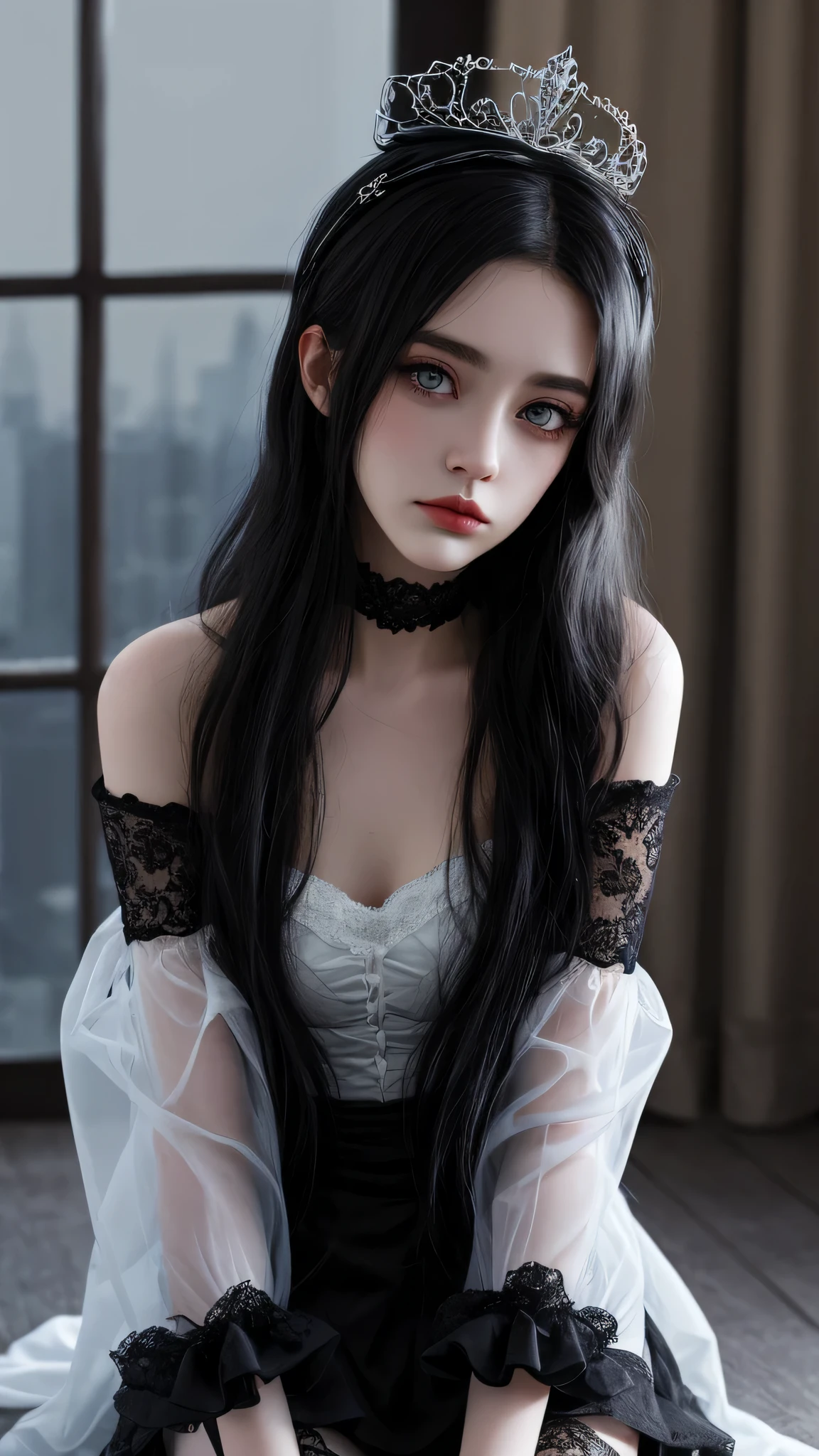 (super masterpiece), (super high quality), (almost unbelievably realistic), (Accurate and detailed human anatomy), (highly detailed face), Gothic Lolita fashion with extremely excessive decorations, A very decadent gothic old castle in a very dark night, Japanese girl , very long and straight black hair, thick bangs, Princess cut sharp and realistic eyes, Very large slit eye, eyes like jewels, Very long lashes, very thin nose, small closed mouth, very thin lips, thin chin, natural makeup, Transparent skin texture, slender body, decorative black tiara, black lace choker, Black ruffled and lace miniskirt with completely off-the-shoulder, Black lace over-the-knee stockings,