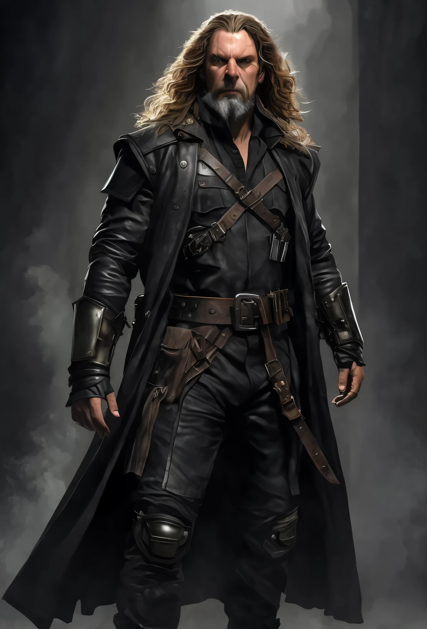a close up of a man in a long coat and leather pants, steel inquisitor from mistborn, as a solomon kane, male rogue, leather clothing and boots, in a dark space mercenary outfit, portrait of fin wildcloak, covered in full leather armor, tim bradstreet, picture of an adult male warrior, wearing a full leather outfit, in leather armor