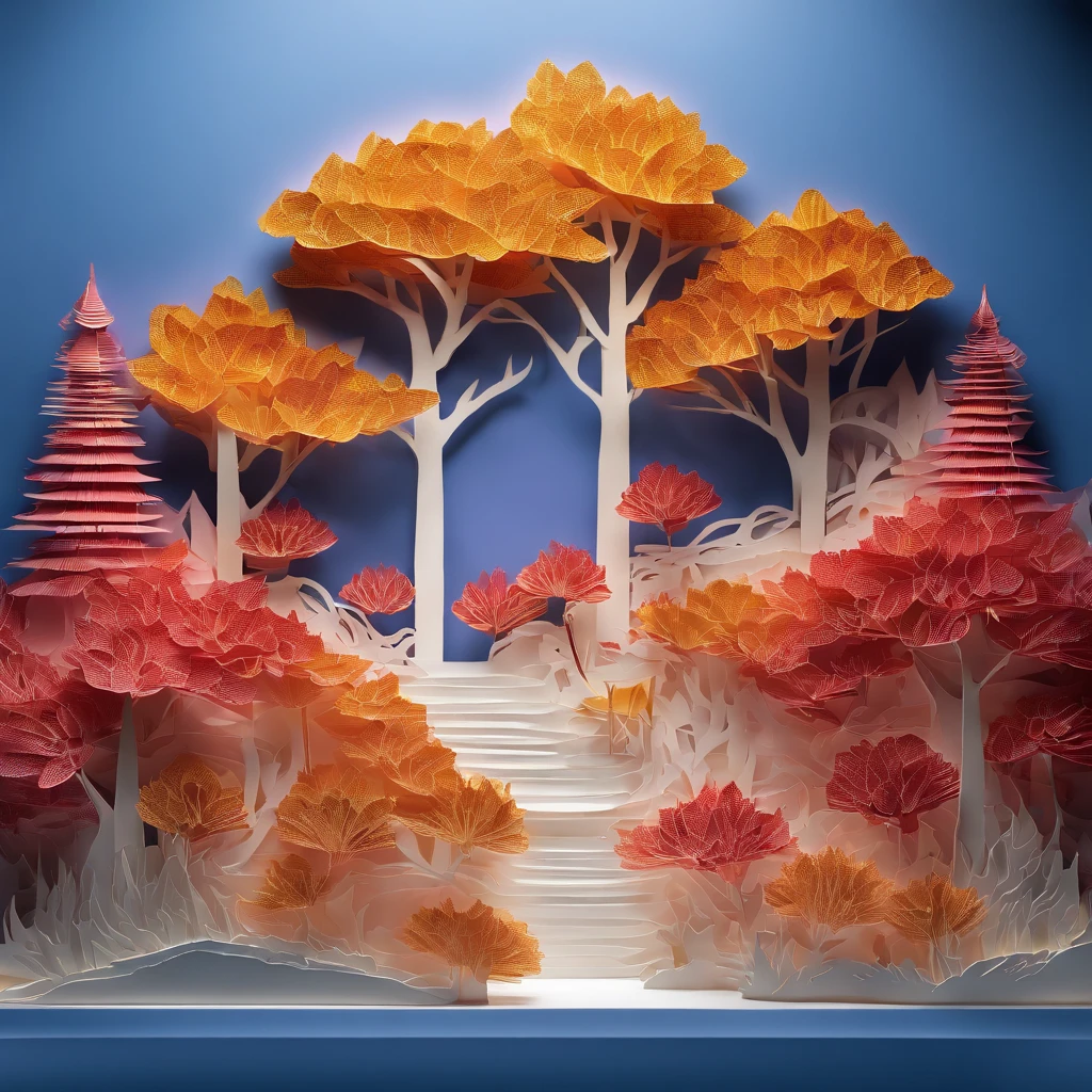 (on a blue glass plate),(stacked paper cuts):(peach blossom forest,lavender,red maple),(yellow undulating hills), (best quality,4K,8 thousand,high resolution,masterpiece:1.2),very detailed,(realistic,realistic,realistic:1.37)