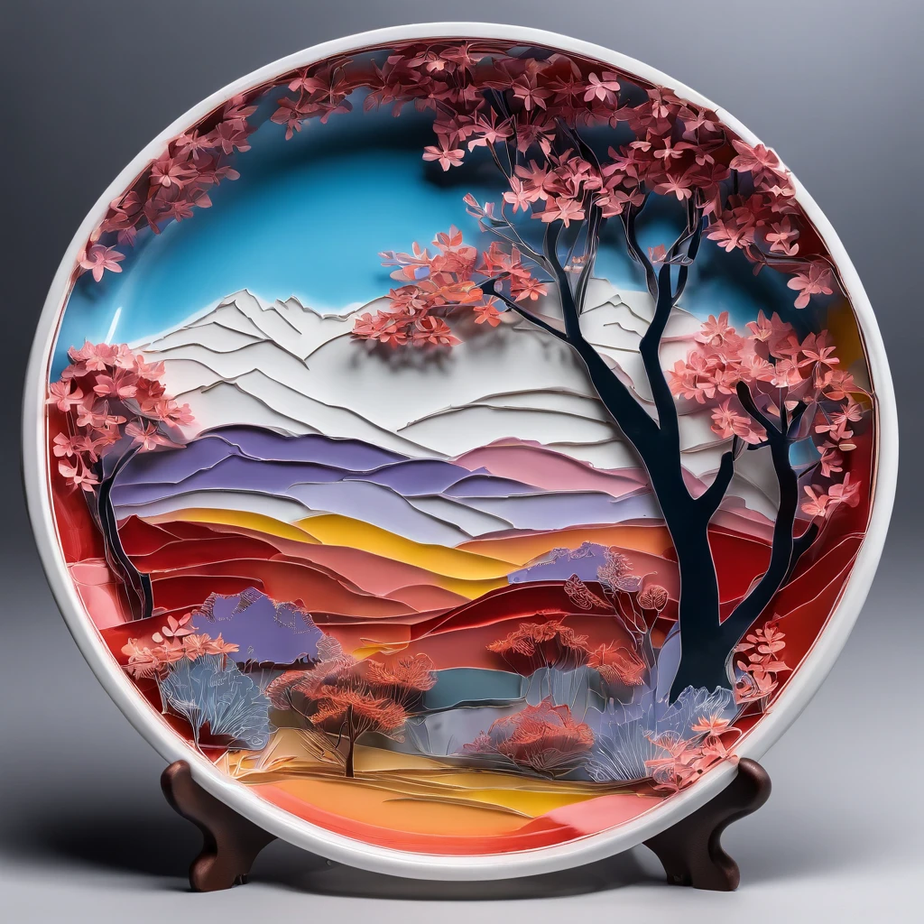 (on a blue glass plate),(stacked paper cuts):(peach blossom forest,lavender,red maple),(yellow undulating hills), (best quality,4K,8 thousand,high resolution,masterpiece:1.2),very detailed,(realistic,realistic,realistic:1.37)