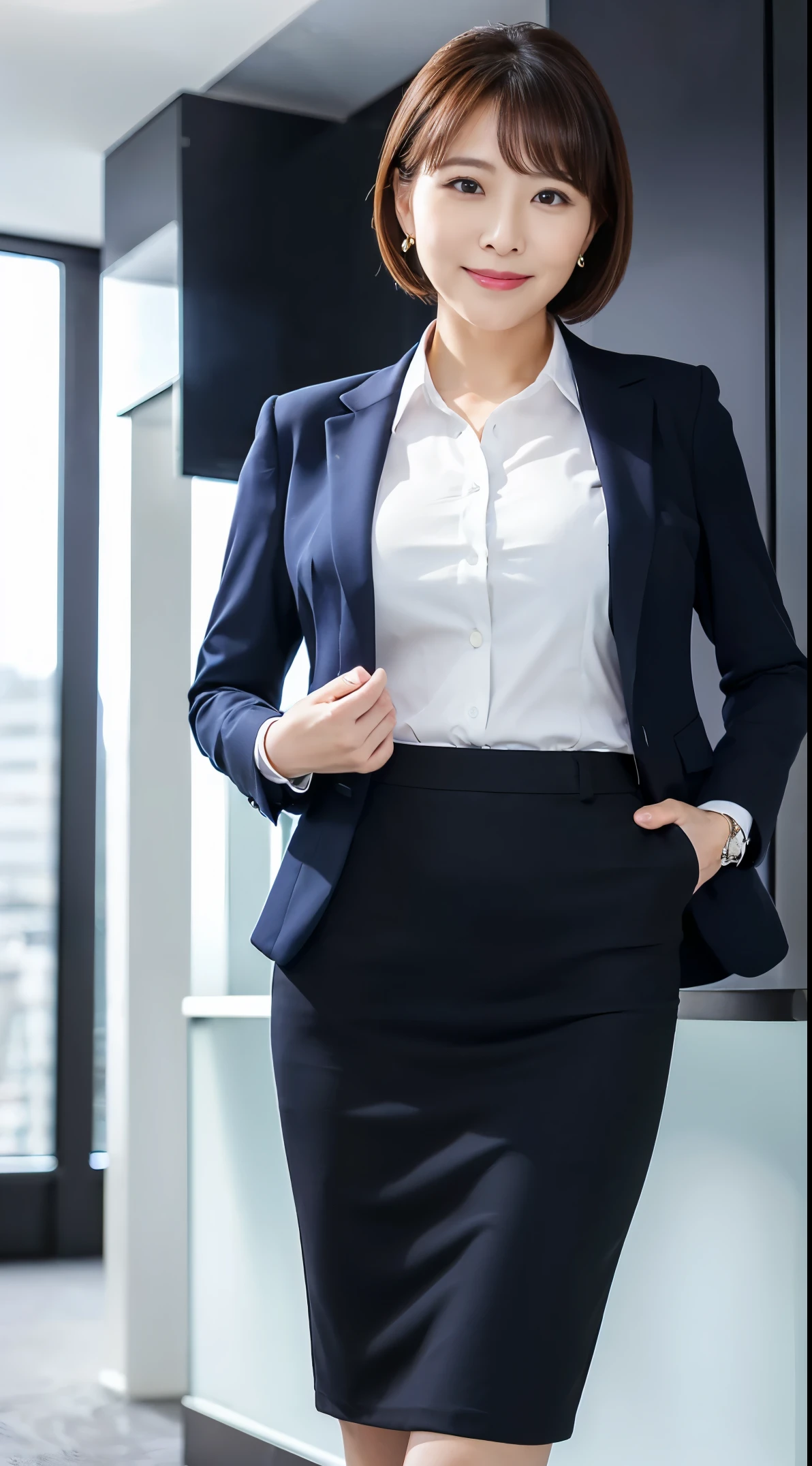 ((masterpiece, highest quality,  Full HD, 16k :1.3)) ,japanese woman, 59 years old, thick ,office suit tight skirt, office of,