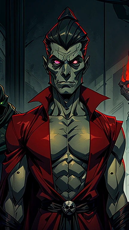 Dark alien lord with grayish greenskin, very tall and sleek, with a mask that looks like a skull, with a red coat with cut off sleeves, no nose just holes in his face