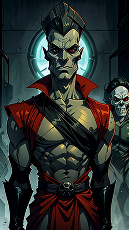 Dark alien lord with grayish greenskin, very tall and sleek, with a mask that looks like a skull, with a red coat with cut off sleeves, no nose just holes in his face