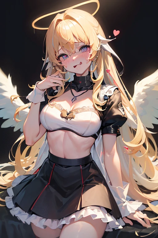 (Masterpiece: 1.4), (Best quality: 1.4), 8K, HD, ultra clear,1girl,(big breasts:1.4),blond hair,(Heart-shaped pupil:1.3),(Tongue out:1.2),scared:1.3,(cry:1.3),princess,Bare abdomen,White lace underwear,Skirt,(Looking up),night,bedroom,necklace,Messy clothes,long hair, angel wings
