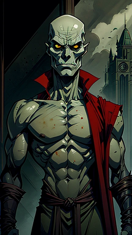 Dark alien lord with grayish greenskin, reptilian and bald, very tall and sleek, with a mask that looks like a skull, with a red coat with cut off sleeves, no nose just holes in his face