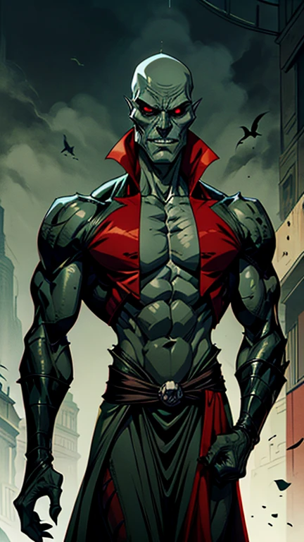 Dark alien lord with grayish greenskin, reptilian and bald, very tall and sleek, with a mask that looks like a skull, with a red coat with cut off sleeves, no nose just holes in his face